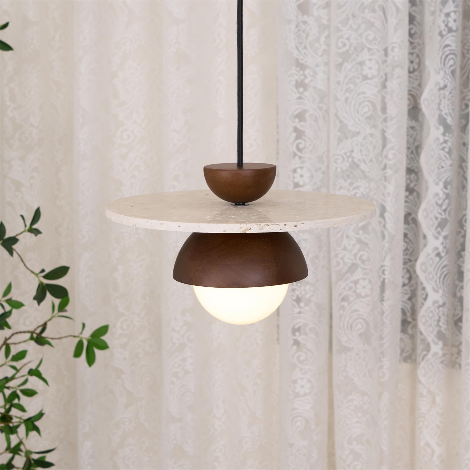 Pendant Lamp Glass Globe Travertine Disc Walnut Wood Natural - Neutralighting