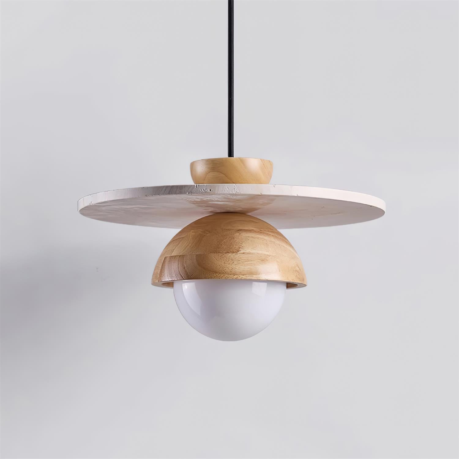 Pendant Lamp Glass Globe Travertine Disc Walnut Wood Natural - Neutralighting