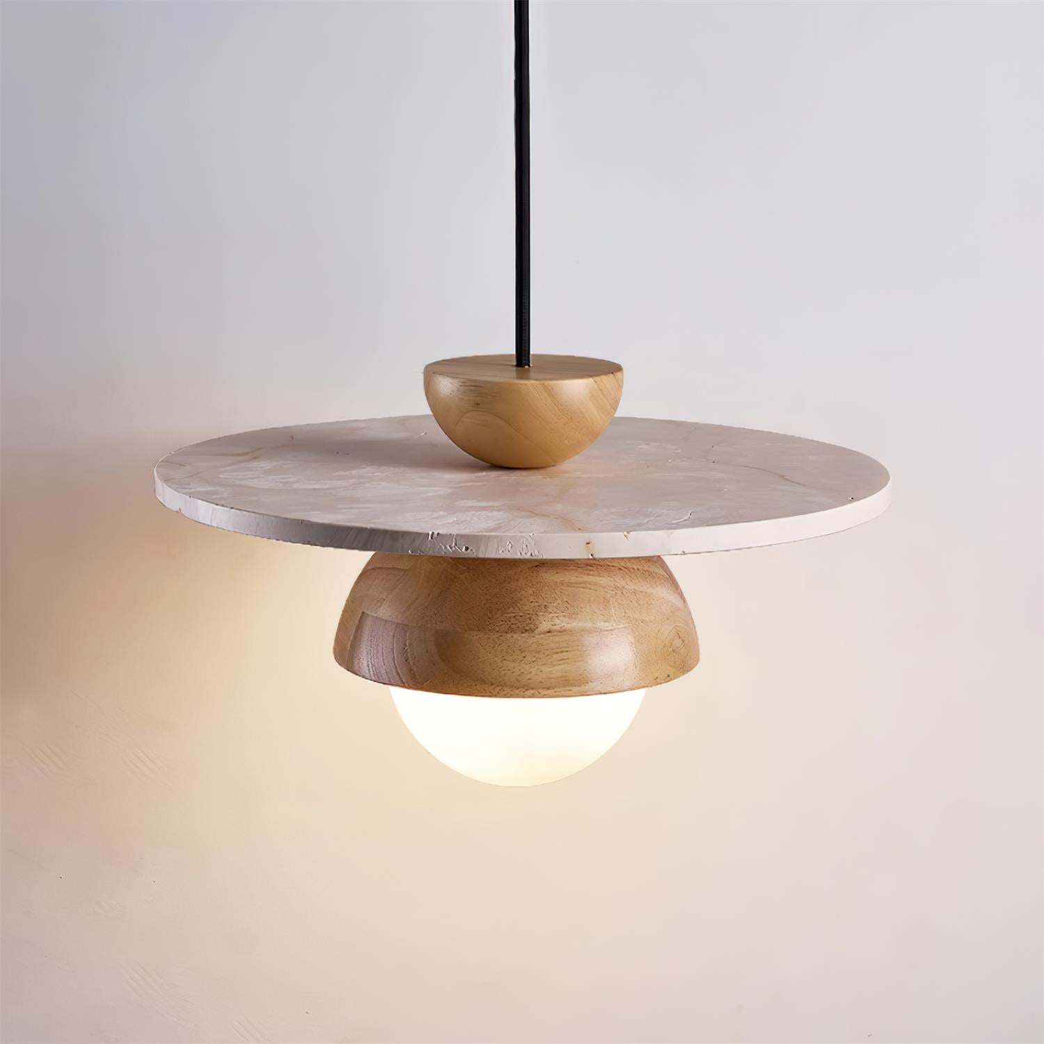 Pendant Lamp Glass Globe Travertine Disc Walnut Wood Natural - Neutralighting