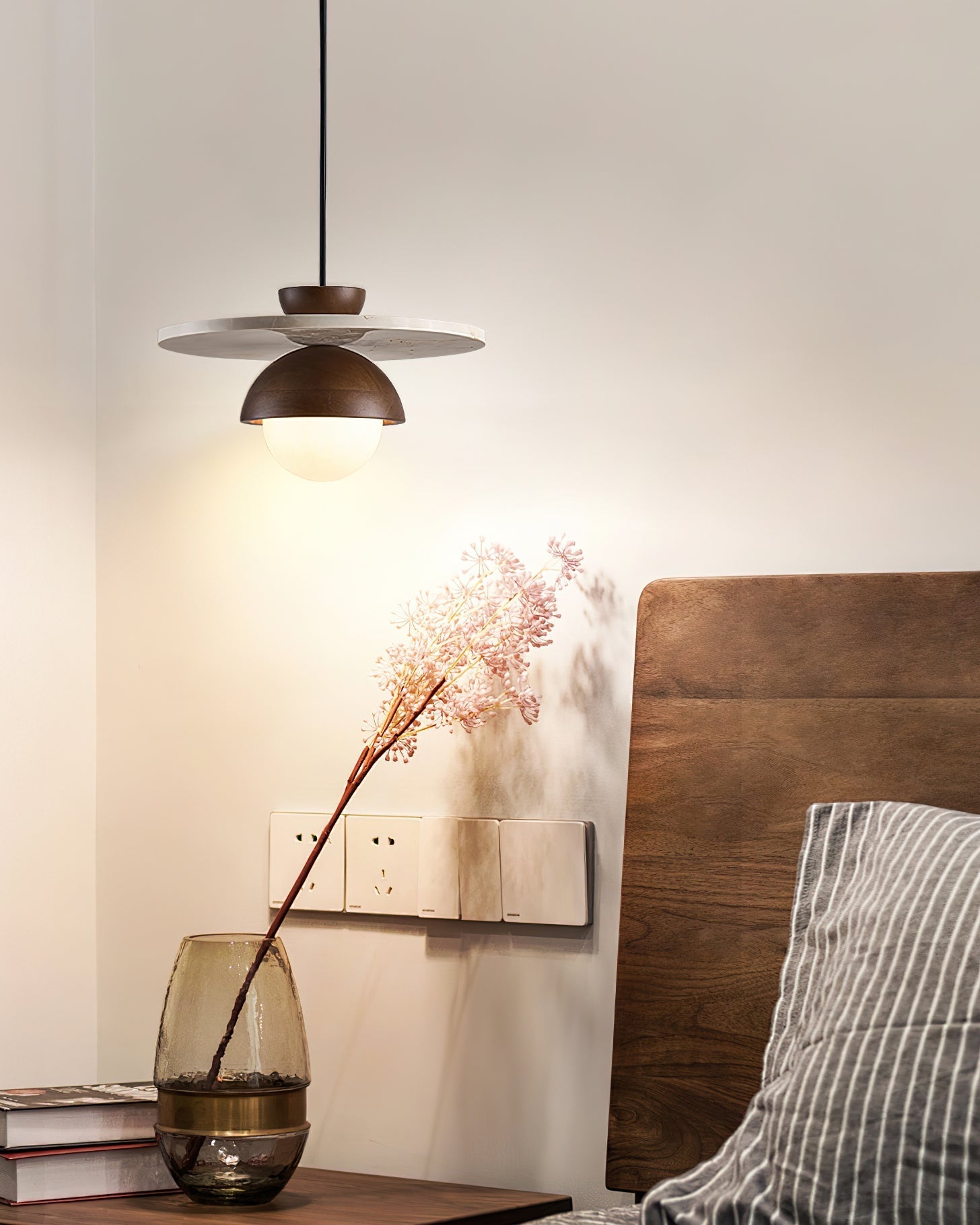 Pendant Lamp Glass Globe Travertine Disc Walnut Wood Natural - Neutralighting