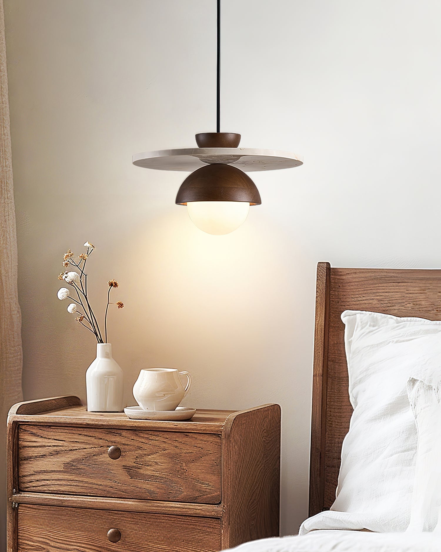 Pendant Lamp Glass Globe Travertine Disc Walnut Wood Natural - Neutralighting