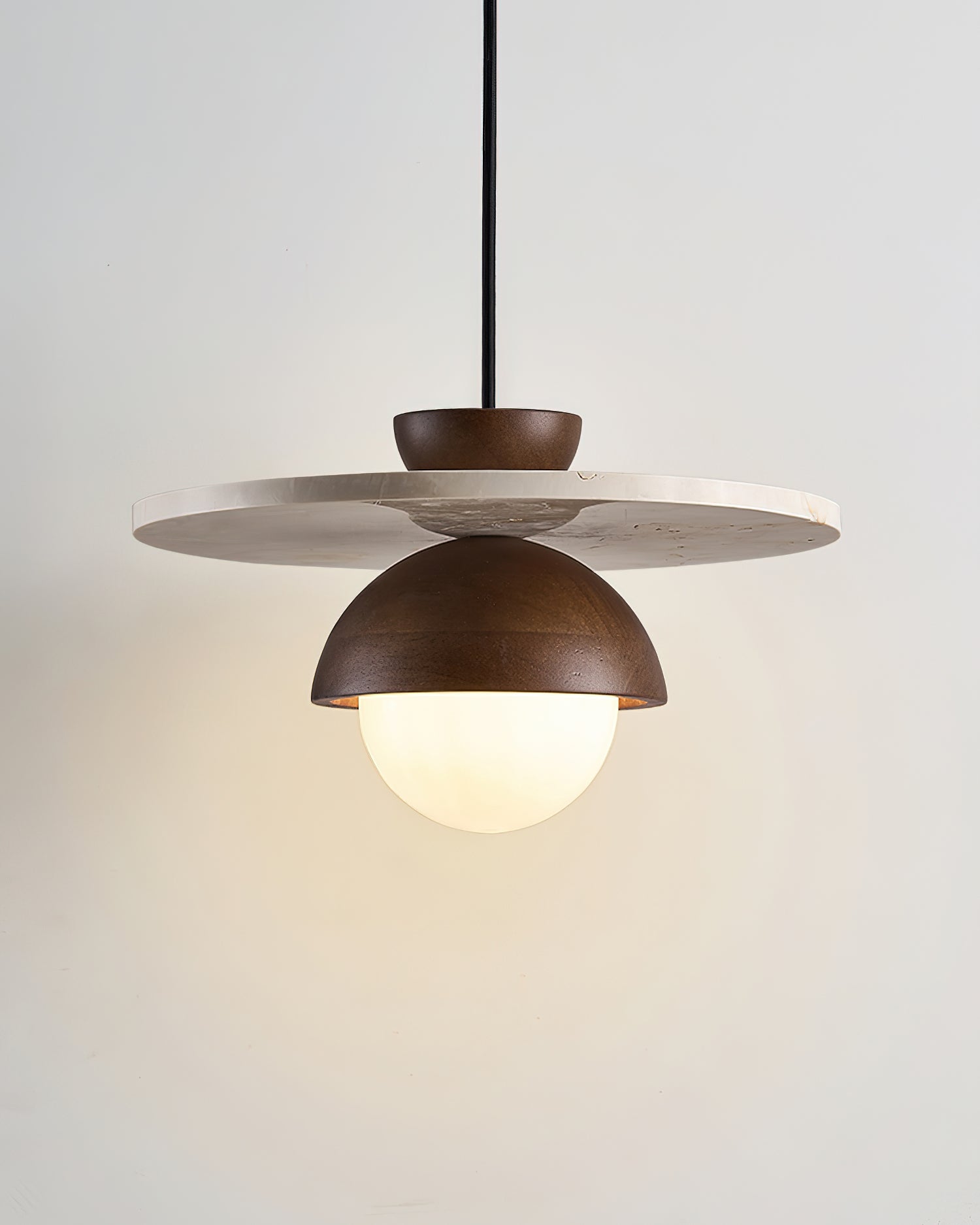 Pendant Lamp Glass Globe Travertine Disc Walnut Wood Natural - Neutralighting