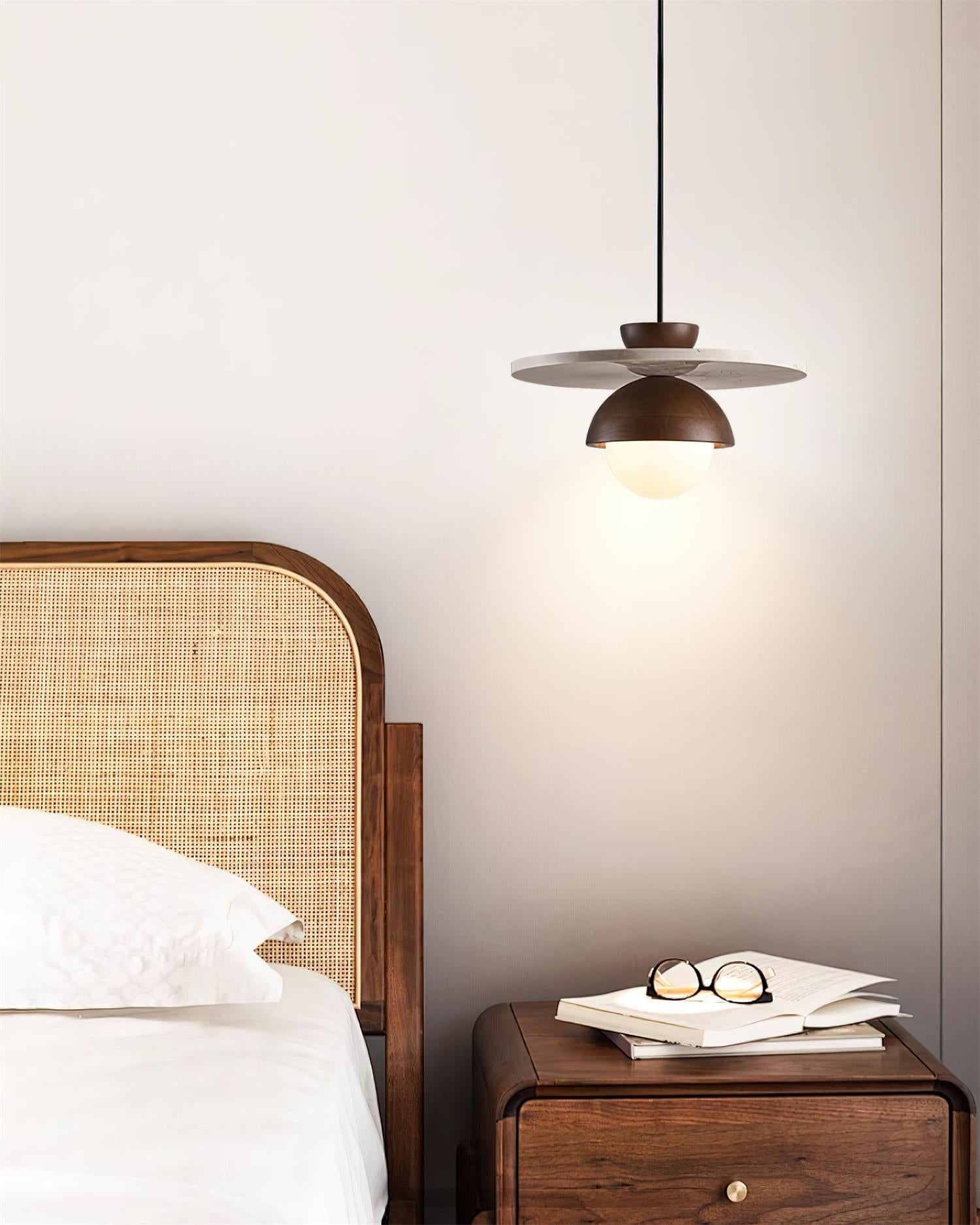 Pendant Lamp Glass Globe Travertine Disc Walnut Wood Natural - Neutralighting