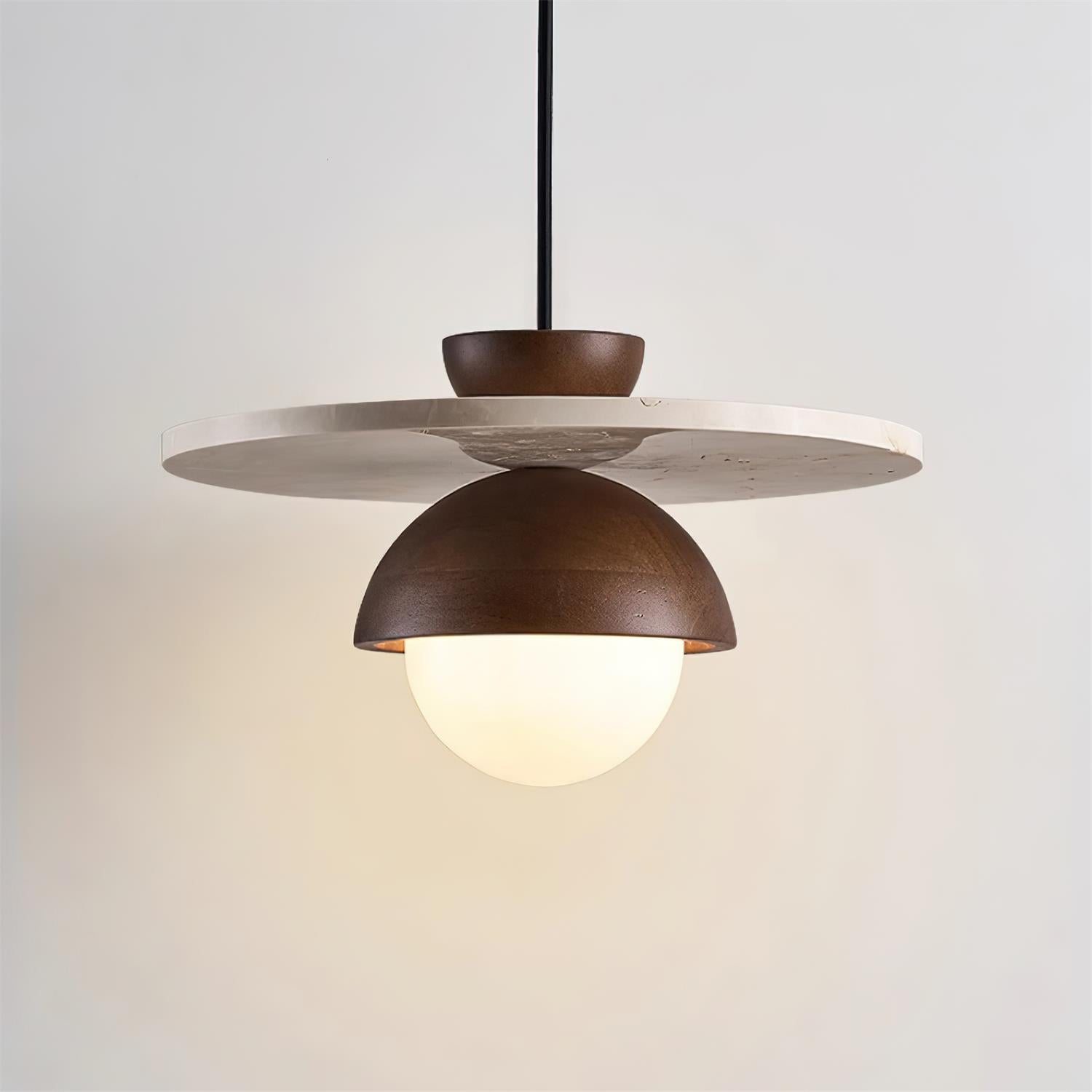 Pendant Lamp Glass Globe Travertine Disc Walnut Wood Natural - Neutralighting