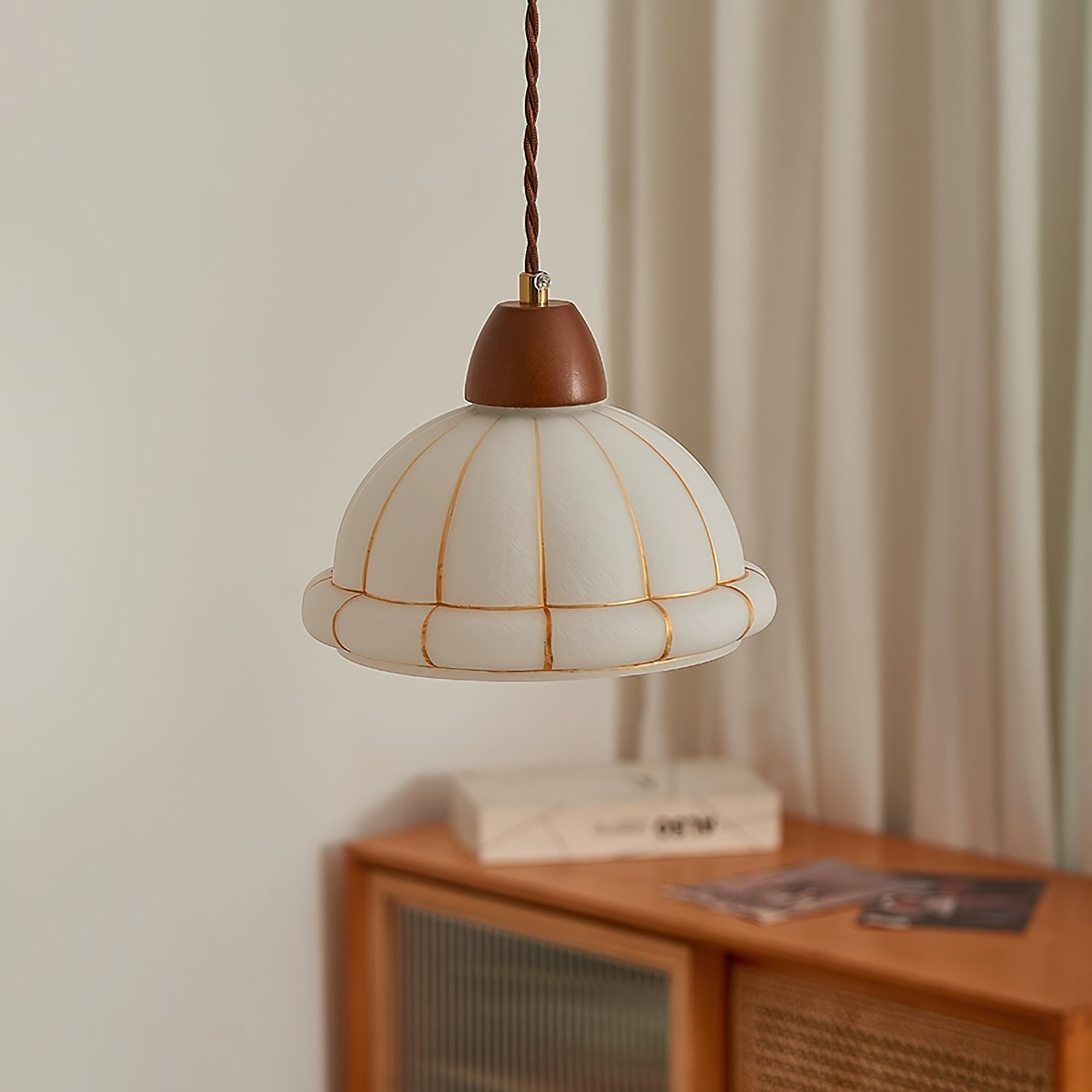 Pendant Lamp Glass Dome Shade Walnut Wood Accent Minimalist - Neutralighting