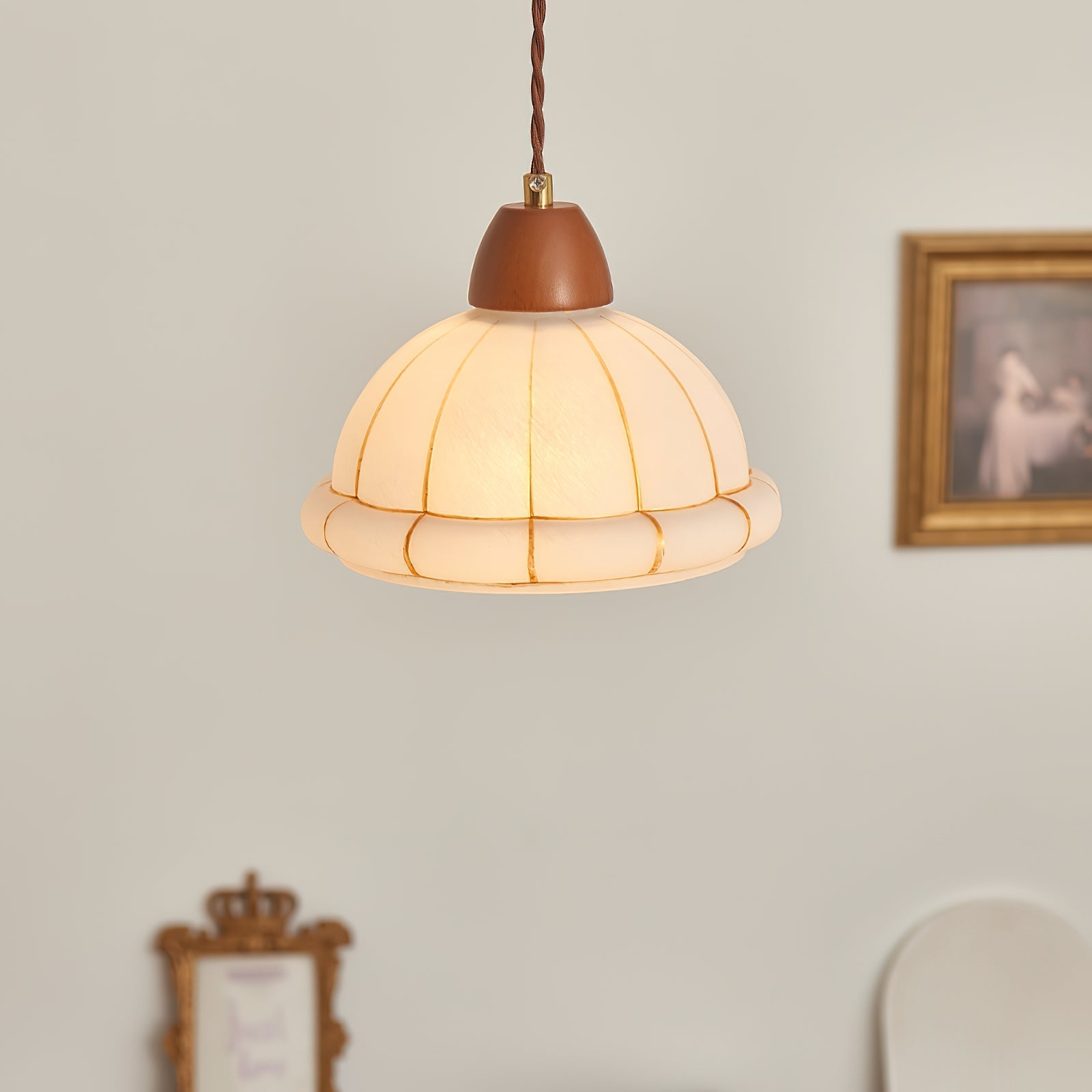 Pendant Lamp Glass Dome Shade Walnut Wood Accent Minimalist - Neutralighting