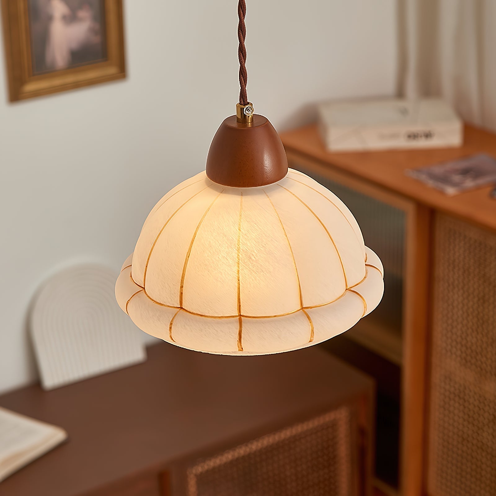 Pendant Lamp Glass Dome Shade Walnut Wood Accent Minimalist - Neutralighting