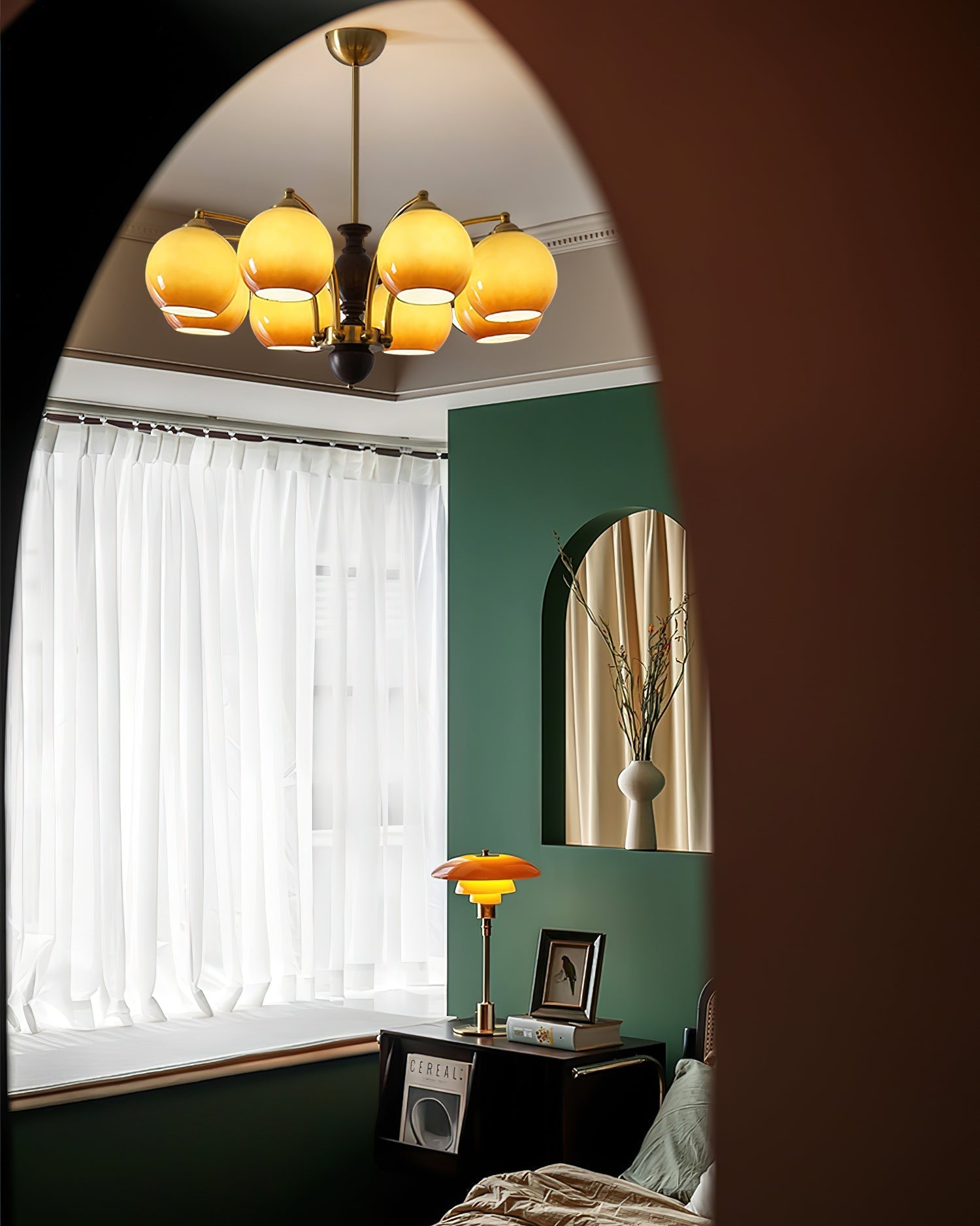 Chandelier Glass Shades Metal Frame Wood Accents Mid-Century Calm - Neutralighting