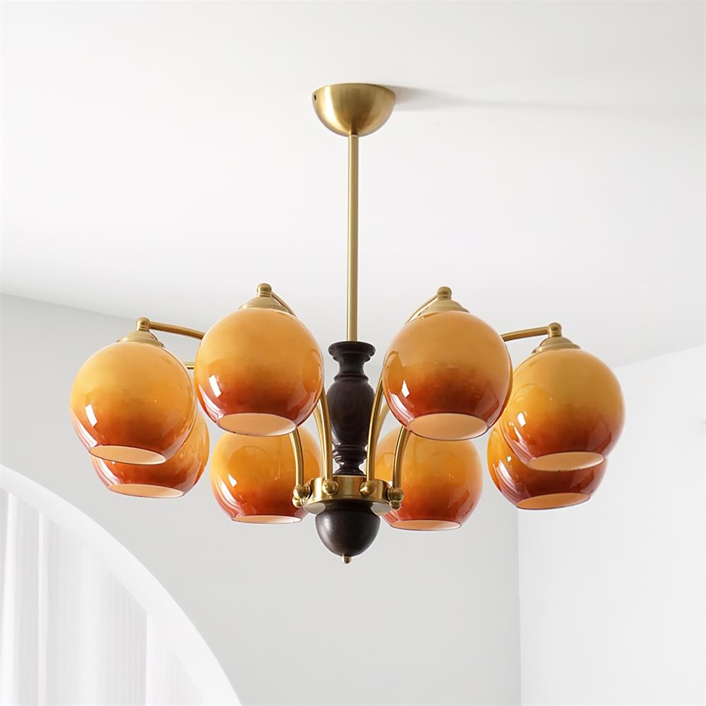 Chandelier Glass Shades Metal Frame Wood Accents Mid-Century Calm - Neutralighting