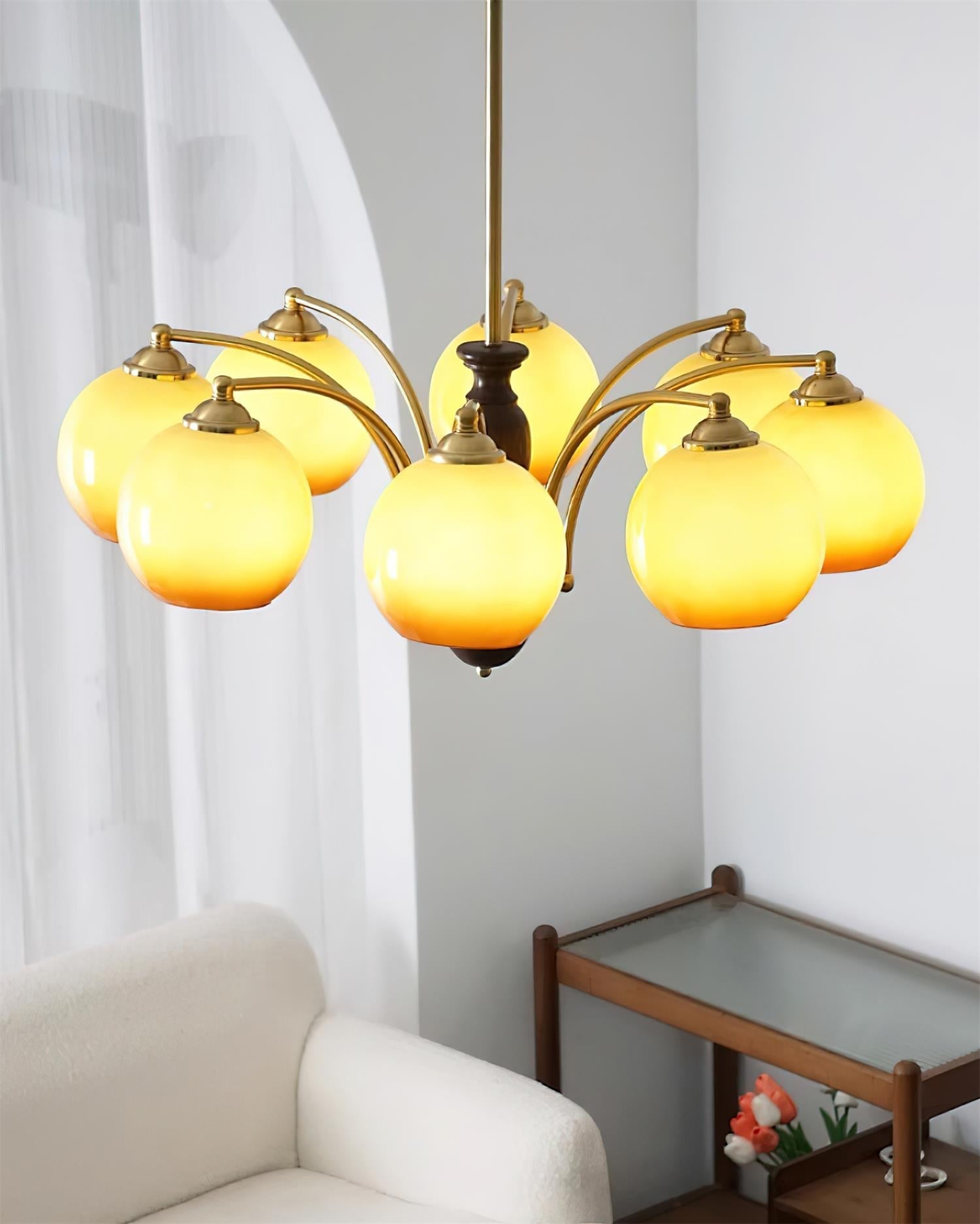 Chandelier Glass Shades Metal Frame Wood Accents Mid-Century Calm - Neutralighting