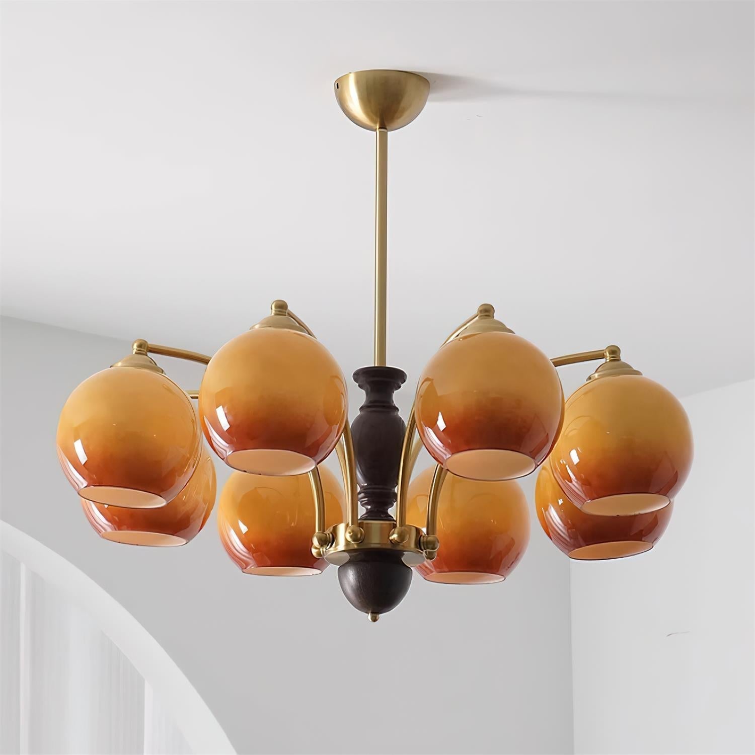 Chandelier Glass Shades Metal Frame Wood Accents Mid-Century Calm - Neutralighting