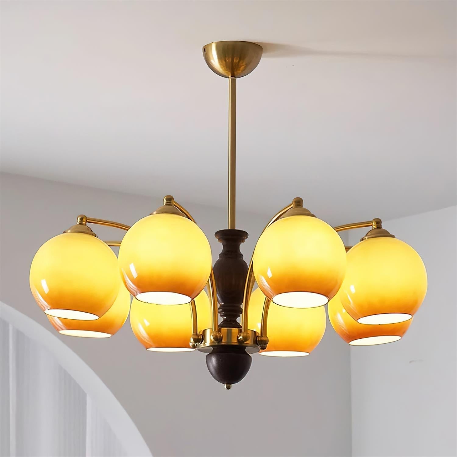 Chandelier Glass Shades Metal Frame Wood Accents Mid-Century Calm - Neutralighting