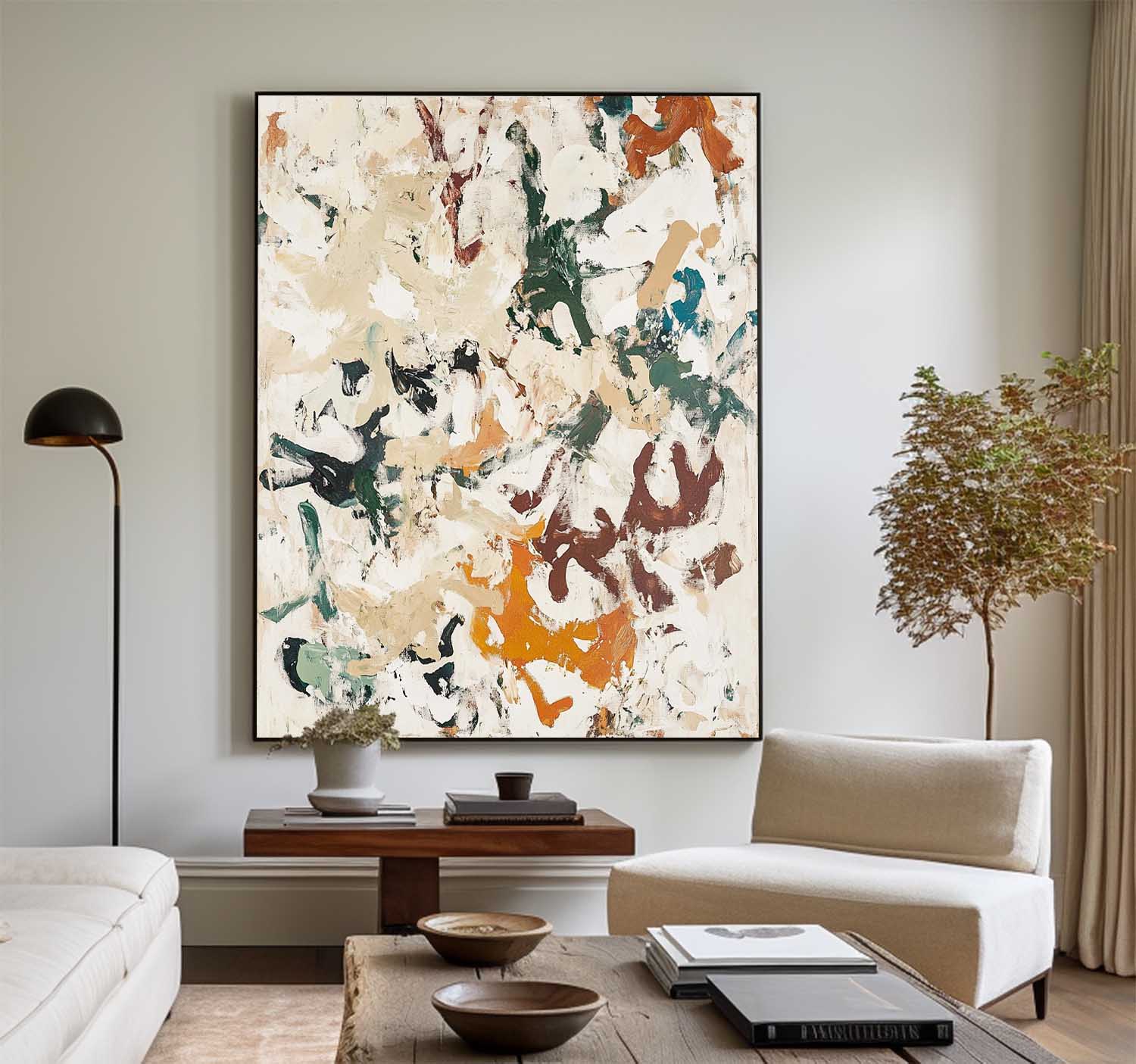 Beige‑Green‑Orange Vertical Abstract Earth‑Tone Textured Artwork