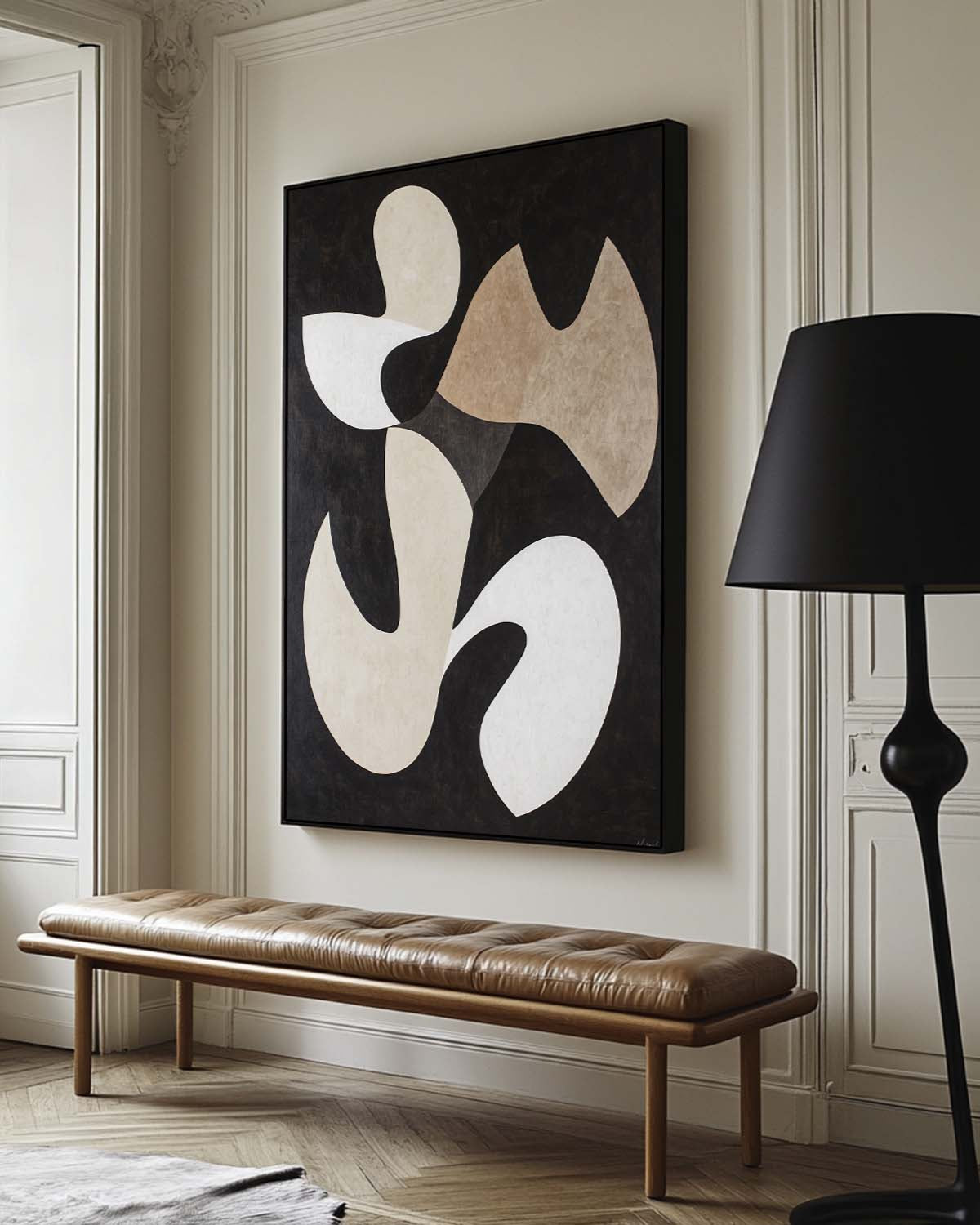 Black‑Beige‑White Tall Flowing Organic‑Shape Artwork