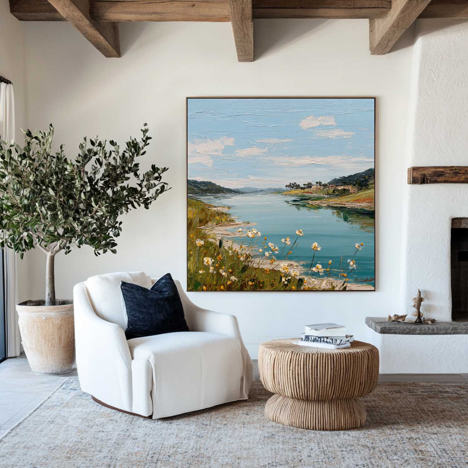 Textured Riverside Landscape Oil Painting