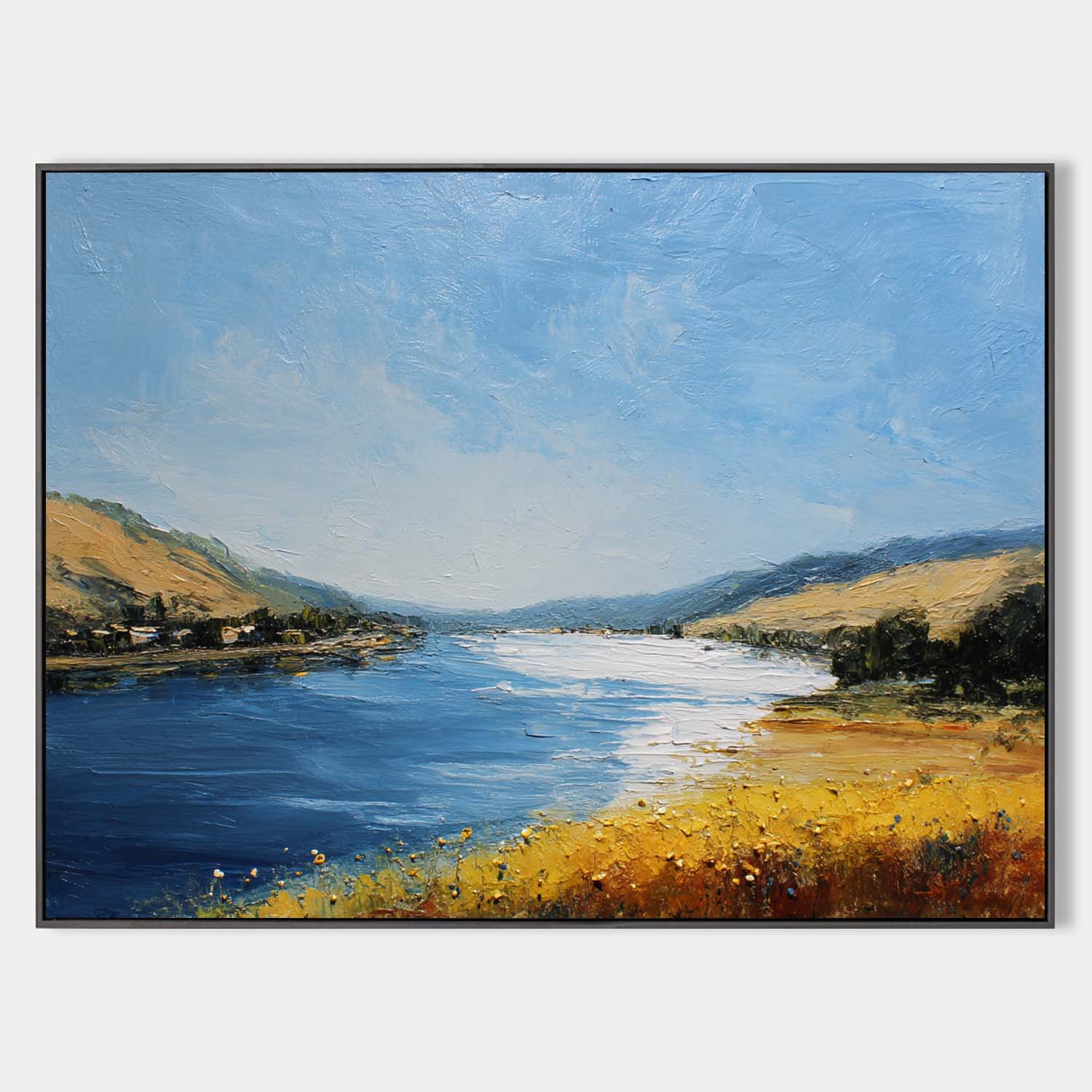 Blue‑Yellow‑Gold Horizontal Impasto Scenic Textured Landscape Artwork