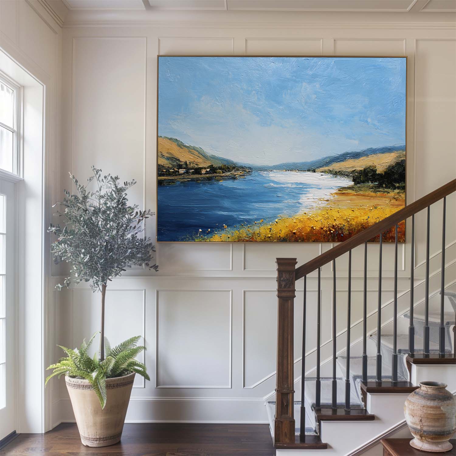 Blue‑Yellow‑Gold Horizontal Impasto Scenic Textured Landscape Artwork
