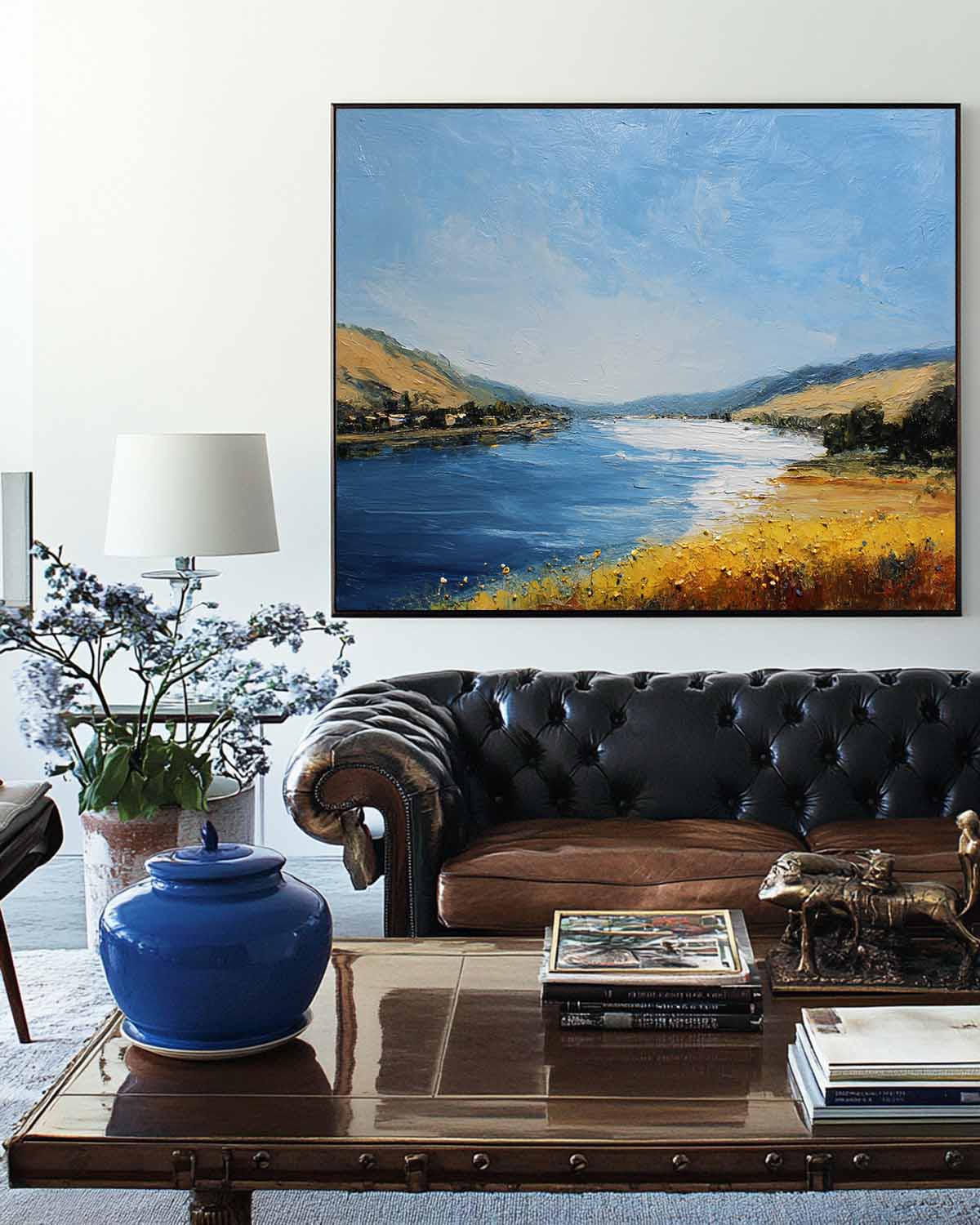Blue‑Yellow‑Gold Horizontal Impasto Scenic Textured Landscape Artwork