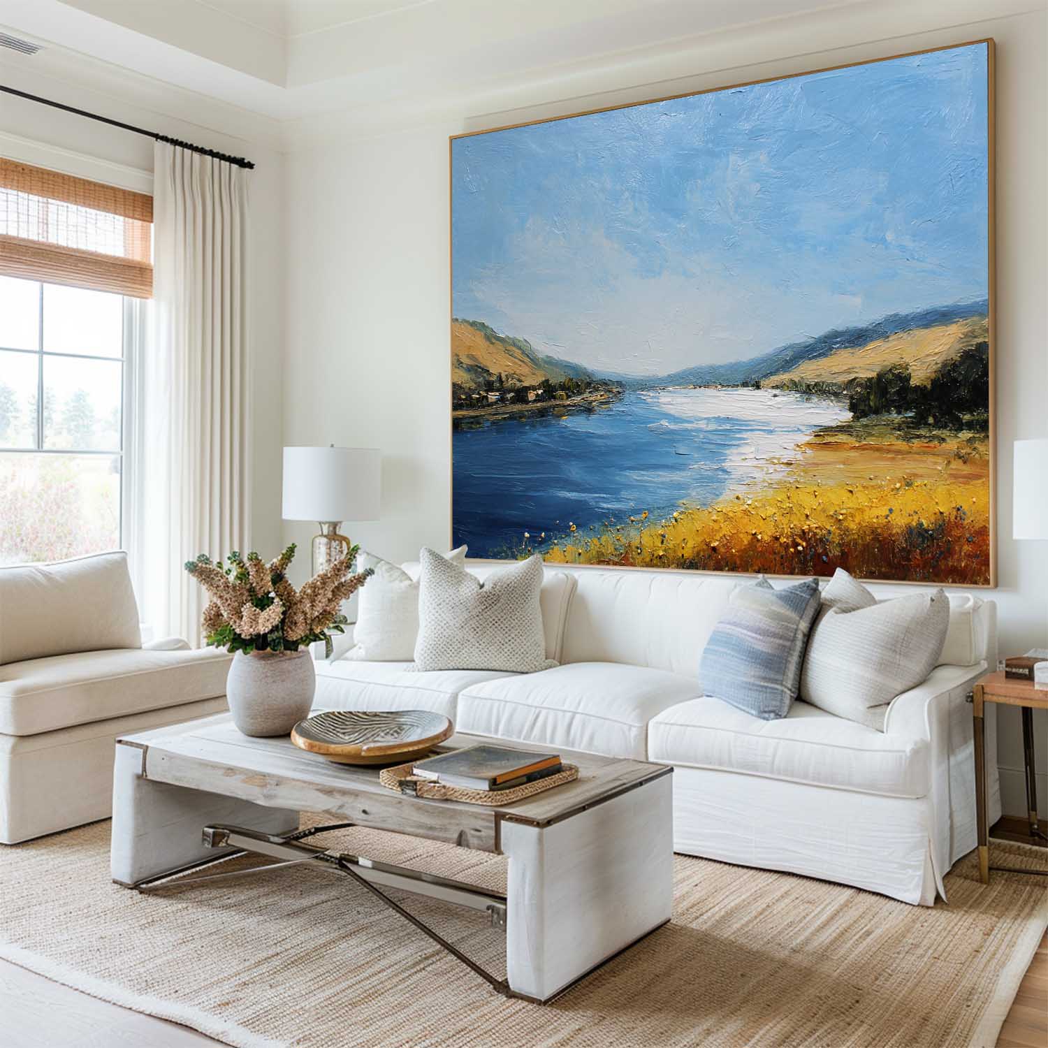 Blue‑Yellow‑Gold Horizontal Impasto Scenic Textured Landscape Artwork