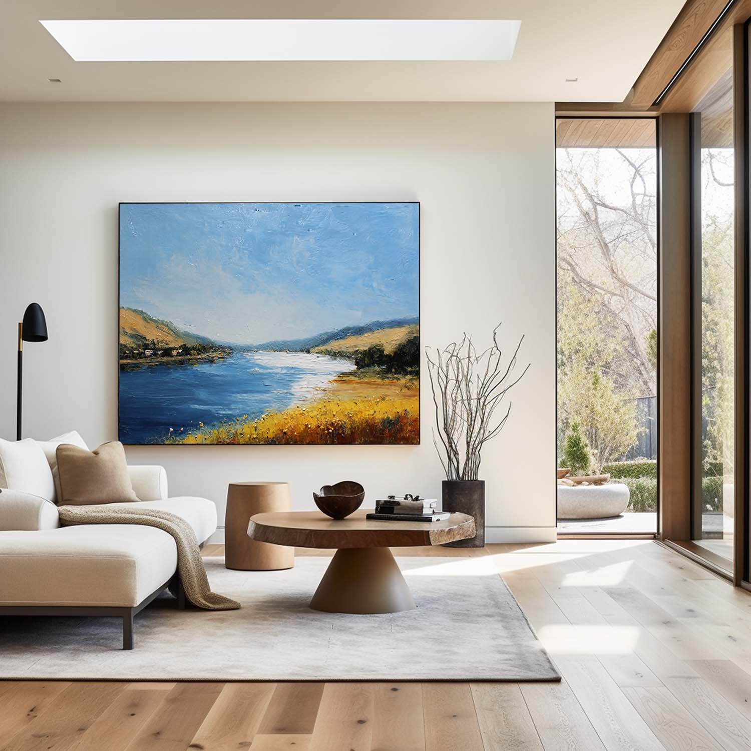 Blue‑Yellow‑Gold Horizontal Impasto Scenic Textured Landscape Artwork