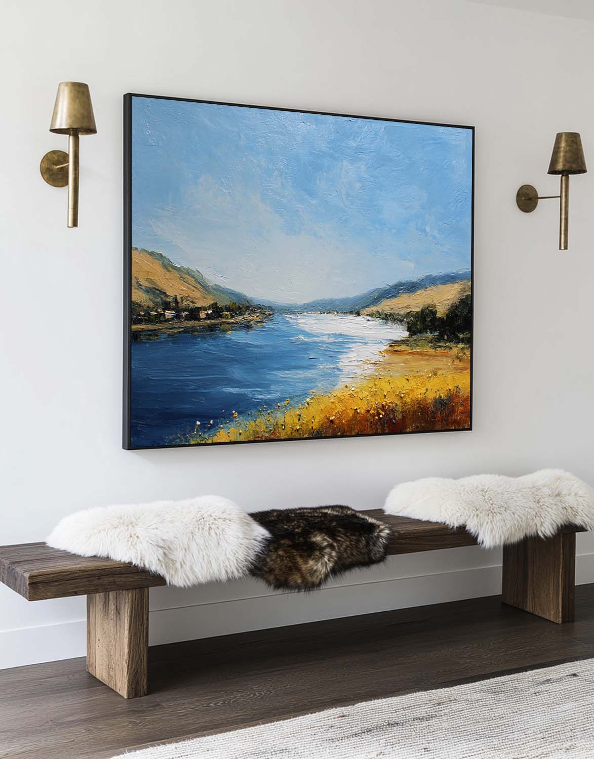 Blue‑Yellow‑Gold Horizontal Impasto Scenic Textured Landscape Artwork
