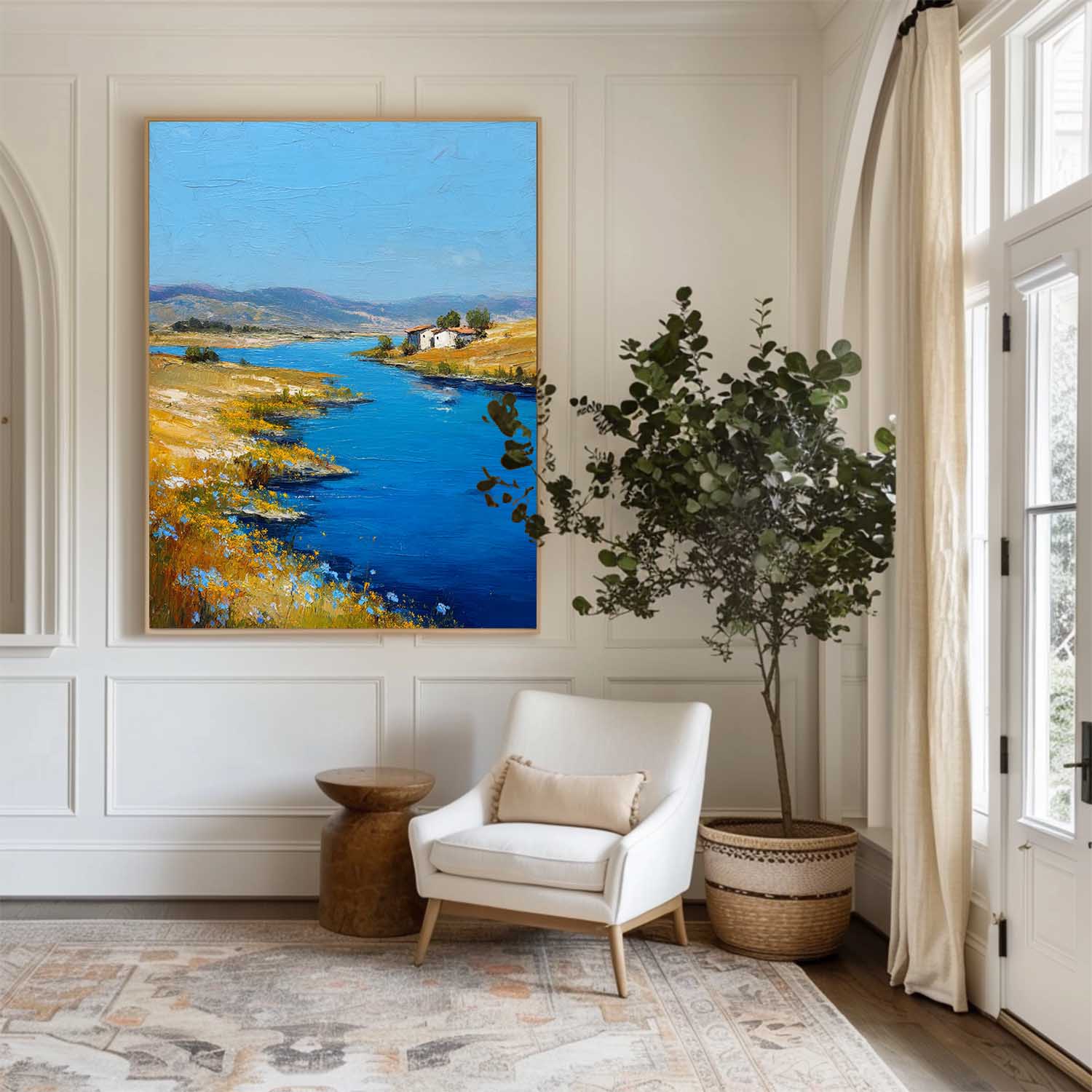 Bright‑Blue‑Golden‑Yellow Vertical Impasto Riverside Scenic Textured Artwork