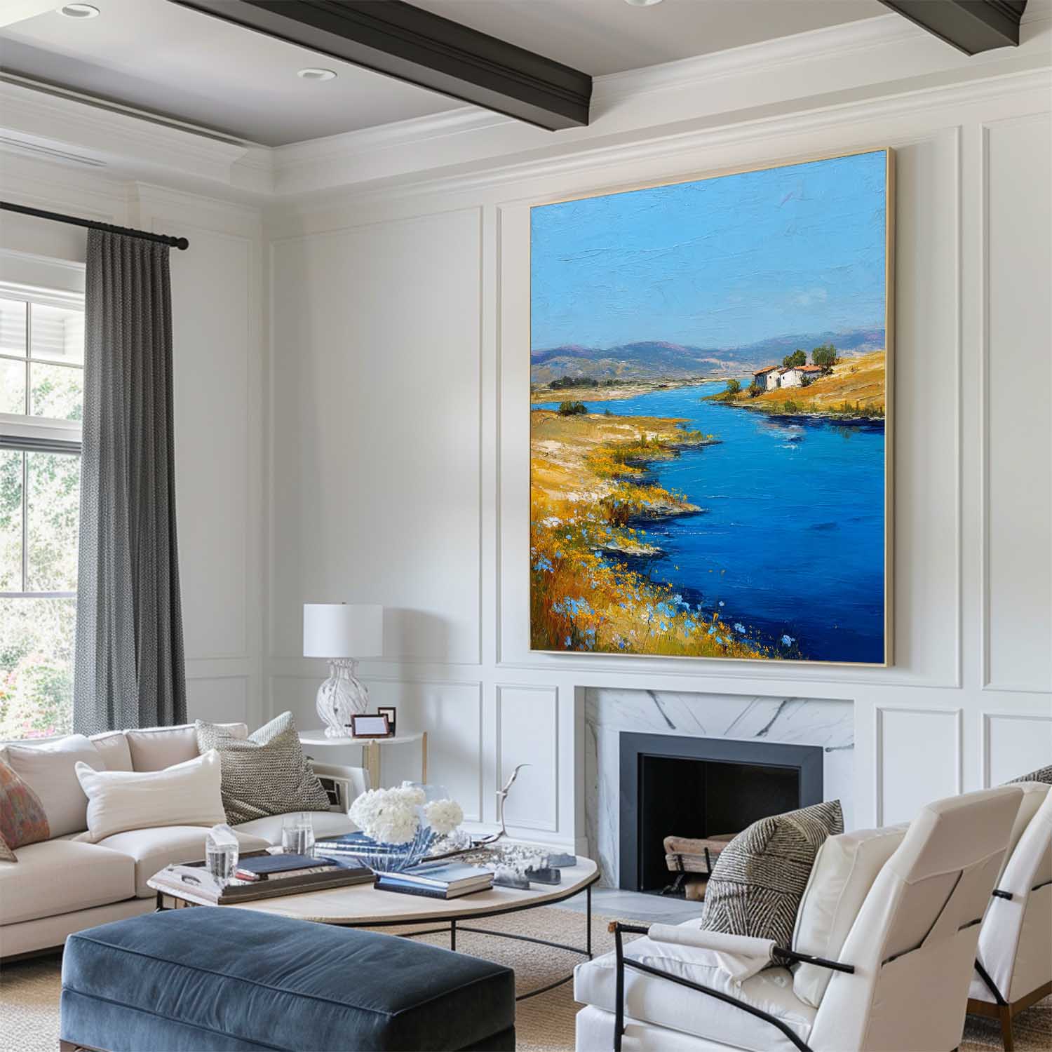 Bright‑Blue‑Golden‑Yellow Vertical Impasto Riverside Scenic Textured Artwork