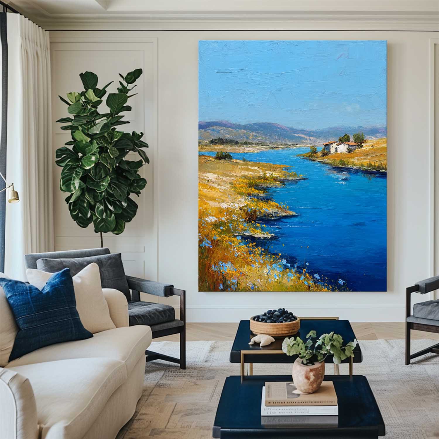 Bright‑Blue‑Golden‑Yellow Vertical Impasto Riverside Scenic Textured Artwork
