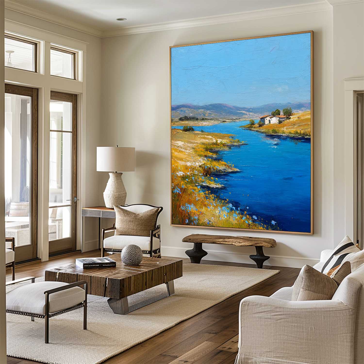 Bright‑Blue‑Golden‑Yellow Vertical Impasto Riverside Scenic Textured Artwork