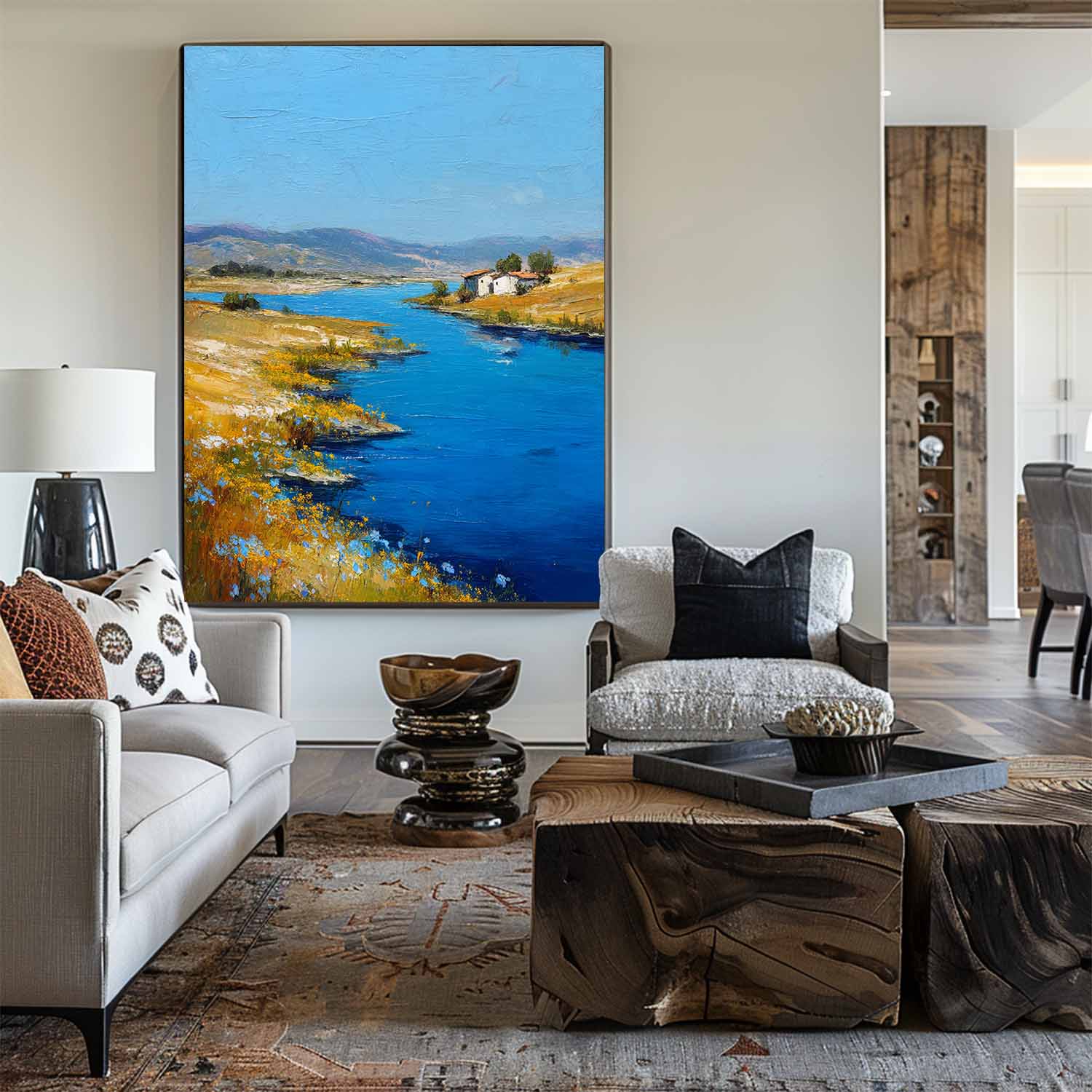 Bright‑Blue‑Golden‑Yellow Vertical Impasto Riverside Scenic Textured Artwork