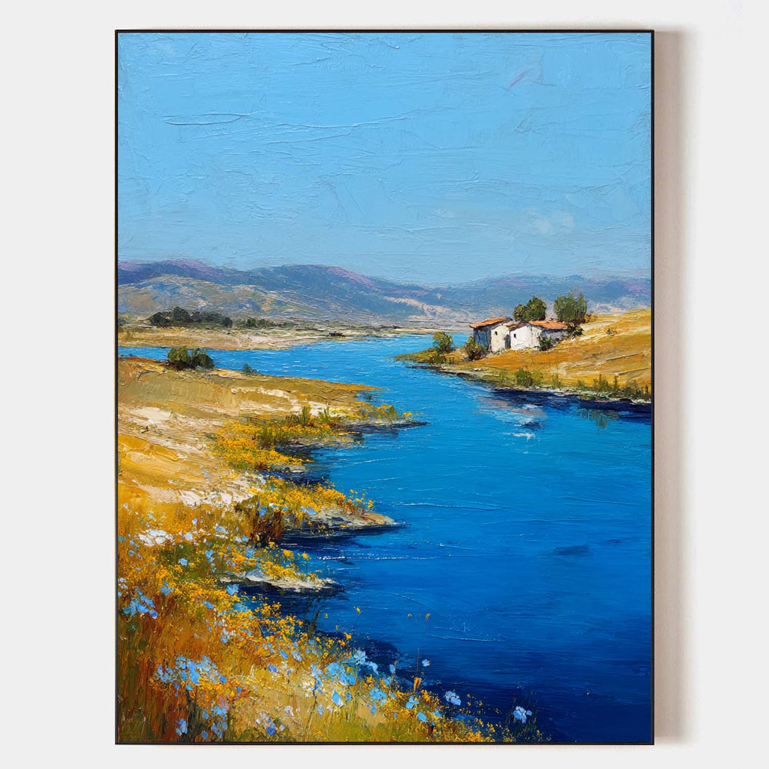Bright‑Blue‑Golden‑Yellow Vertical Impasto Riverside Scenic Textured Artwork