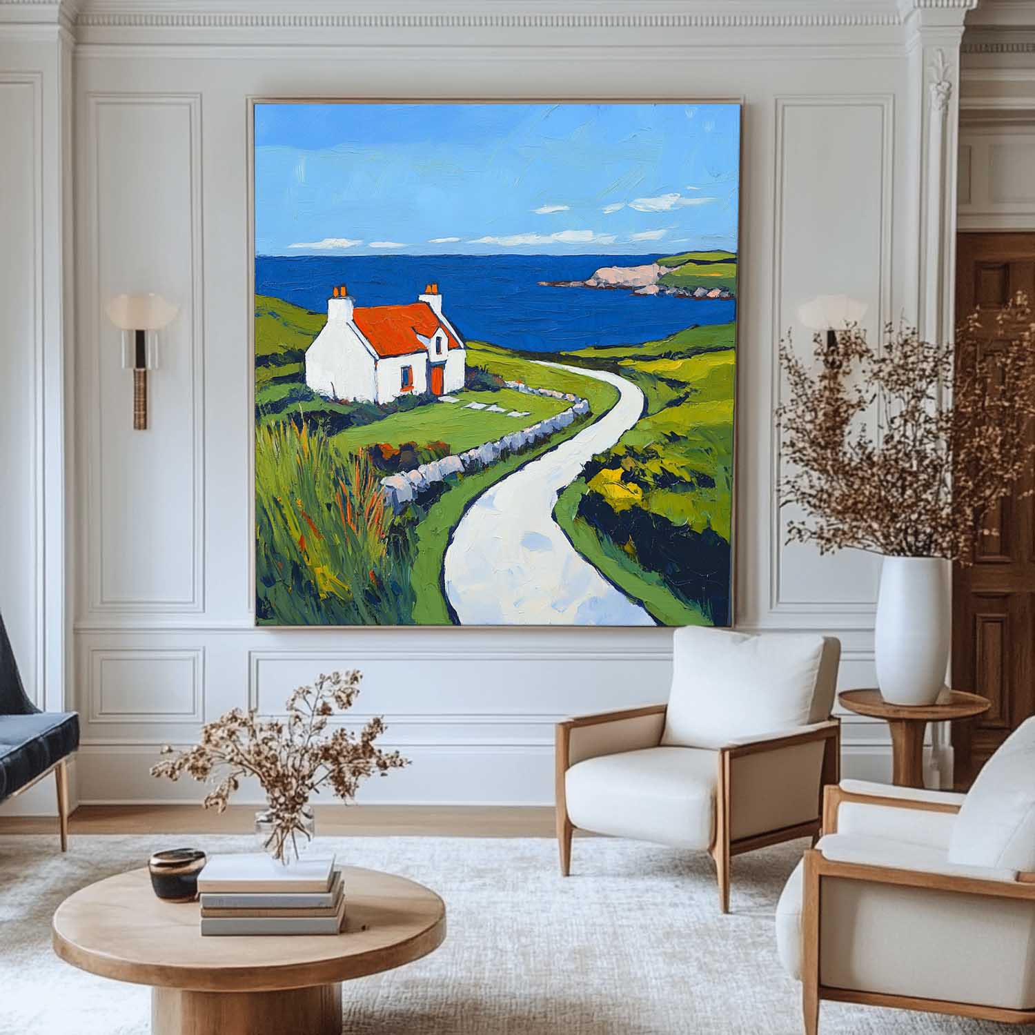 Blue‑Green Square Impasto Coastal Cottage Scenic Textured Artwork