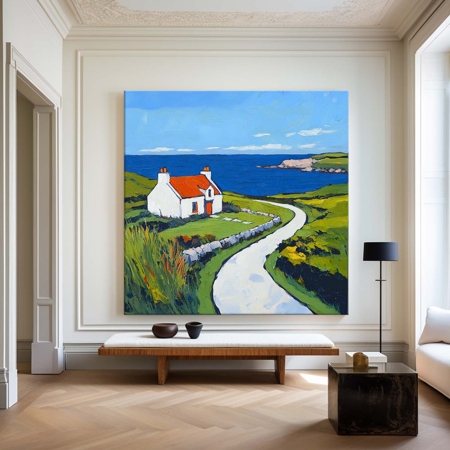 Blue‑Green Square Impasto Coastal Cottage Scenic Textured Artwork