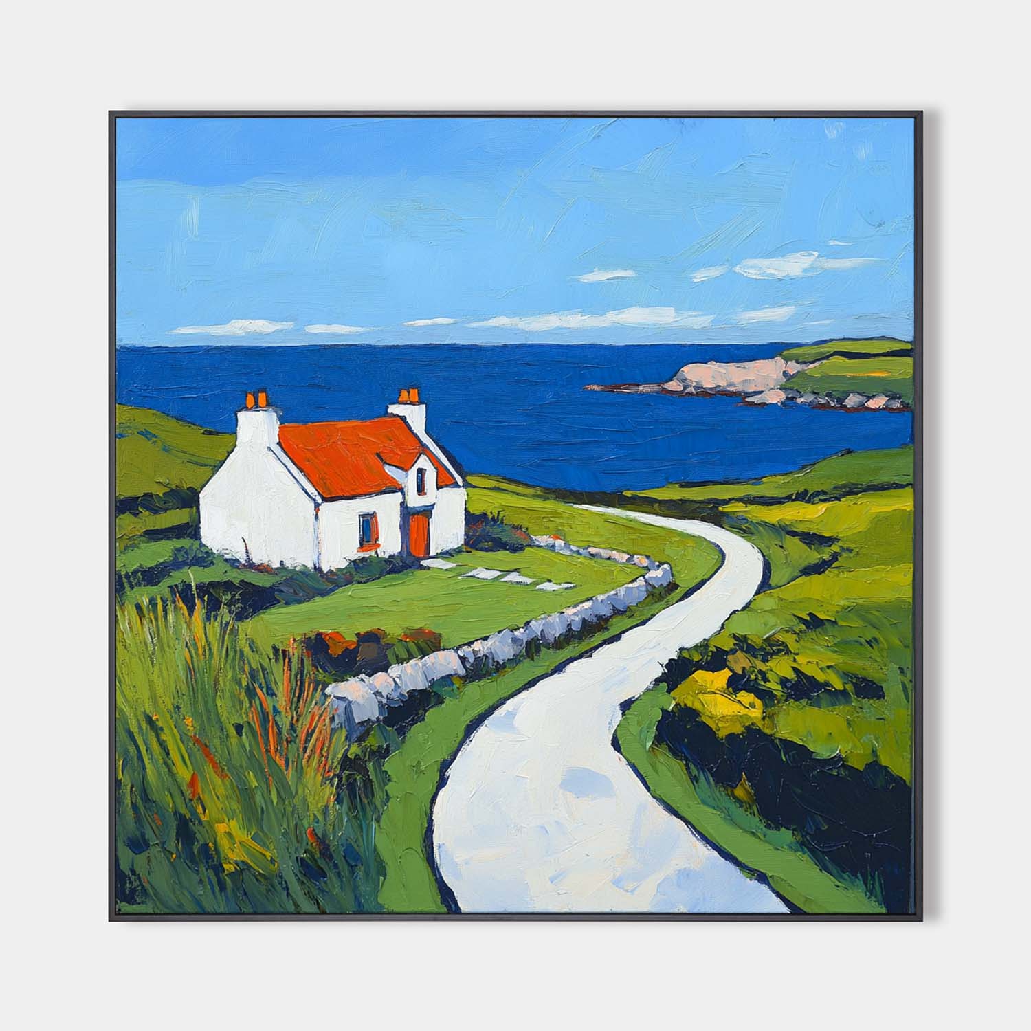 Blue‑Green Square Impasto Coastal Cottage Scenic Textured Artwork