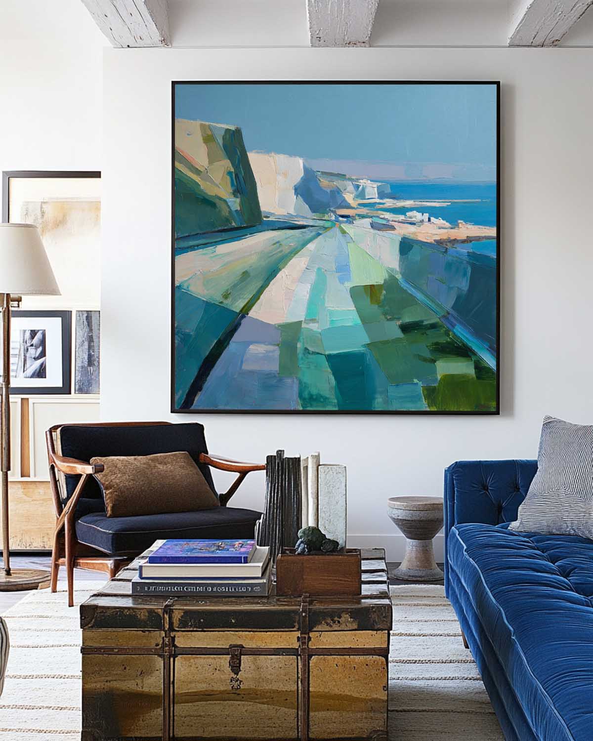Blue‑Green‑Teal Horizontal Abstract Geometric Landscape Artwork