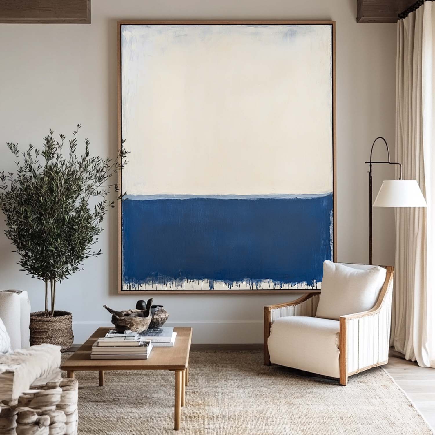 Cream‑Blue Tall Color‑Field Minimalist Artwork