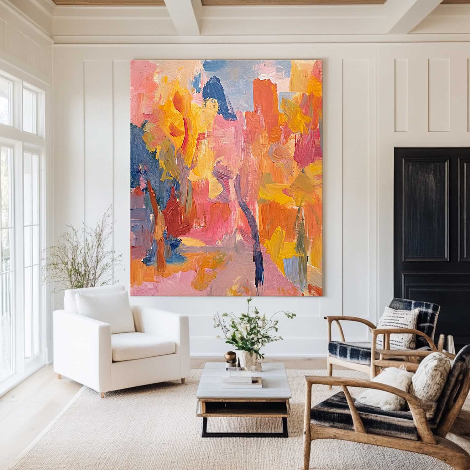 Orange‑Pink‑Yellow‑Blue Vertical Impasto Scenic Textured Landscape Artwork