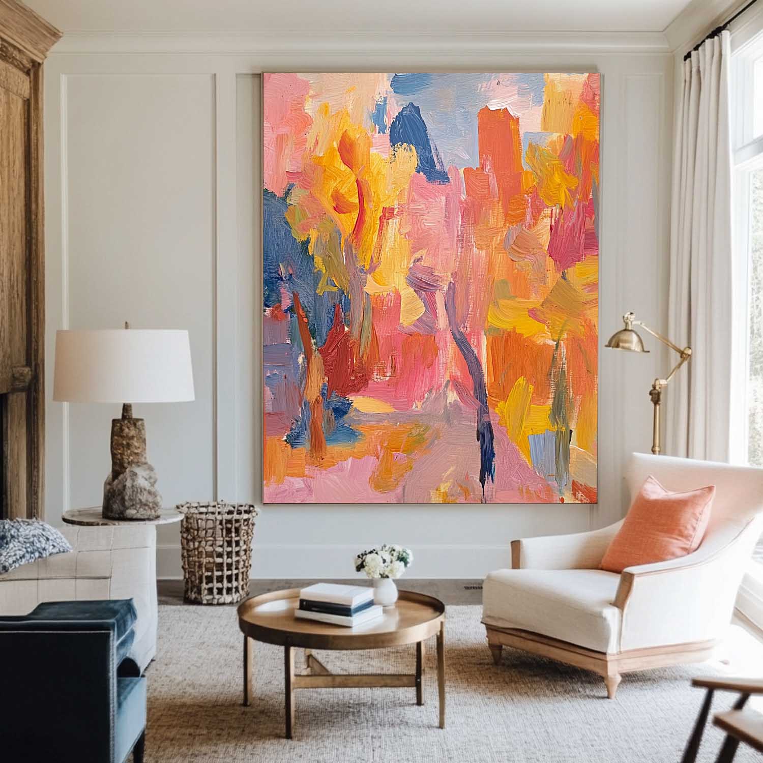 Orange‑Pink‑Yellow‑Blue Vertical Impasto Scenic Textured Landscape Artwork