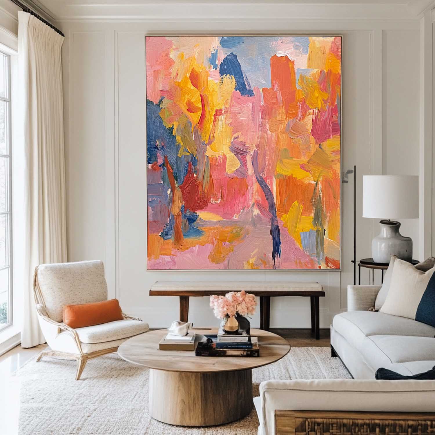 Orange‑Pink‑Yellow‑Blue Vertical Impasto Scenic Textured Landscape Artwork