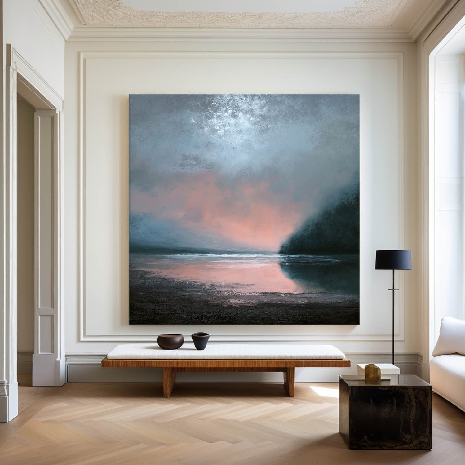 Serene Lake Sunset Oil Painting