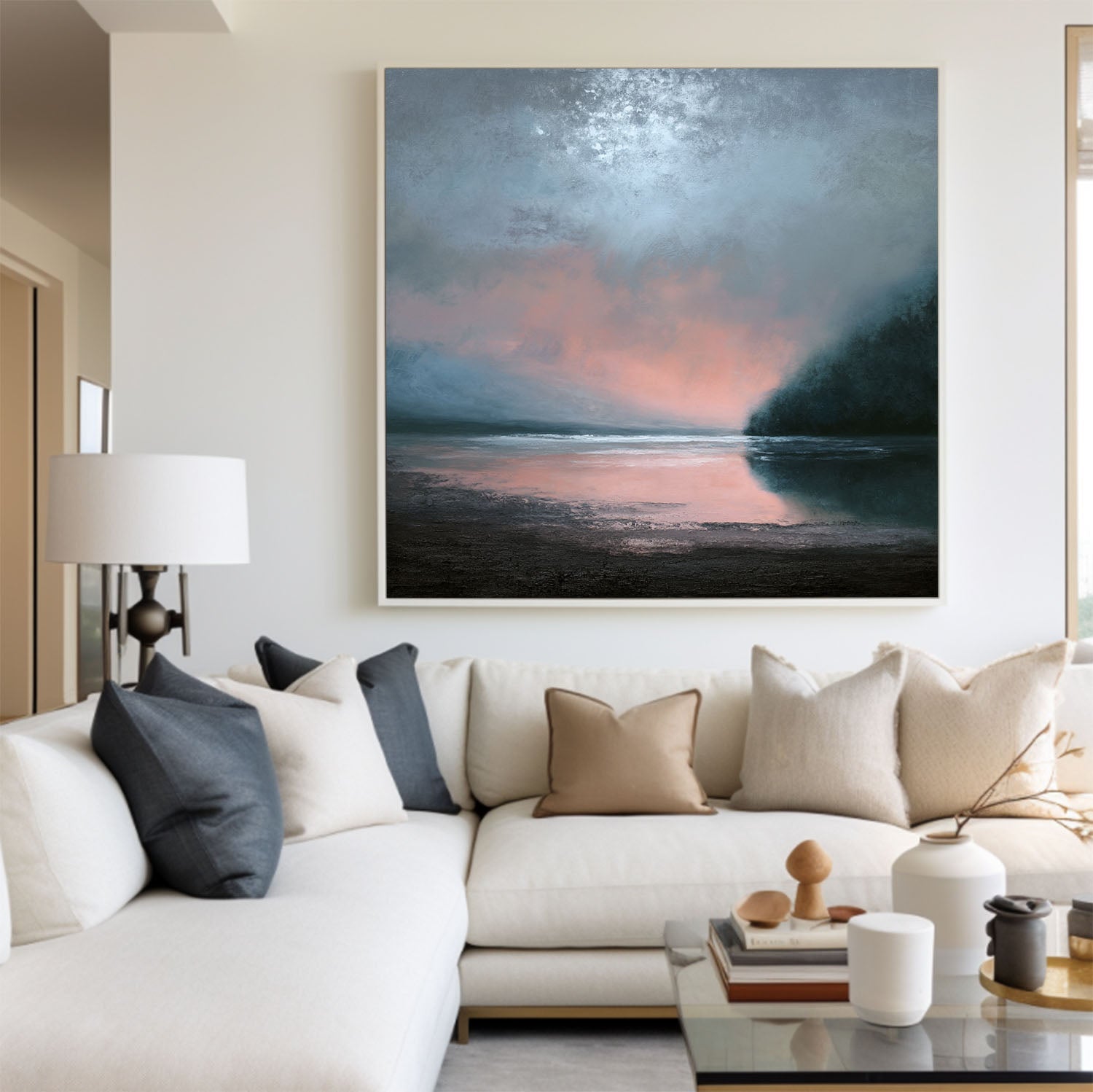 Serene Lake Sunset Oil Painting