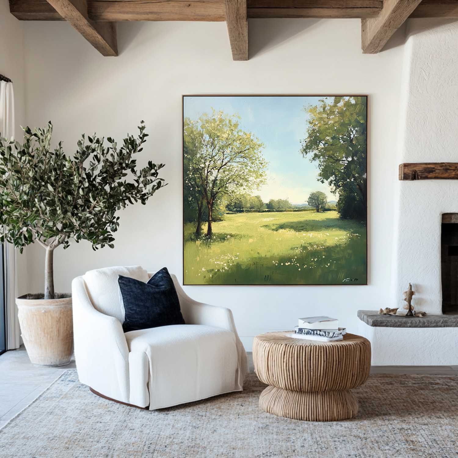 Green‑Blue Square Impasto Sunlit Pastoral Meadow Textured Artwork