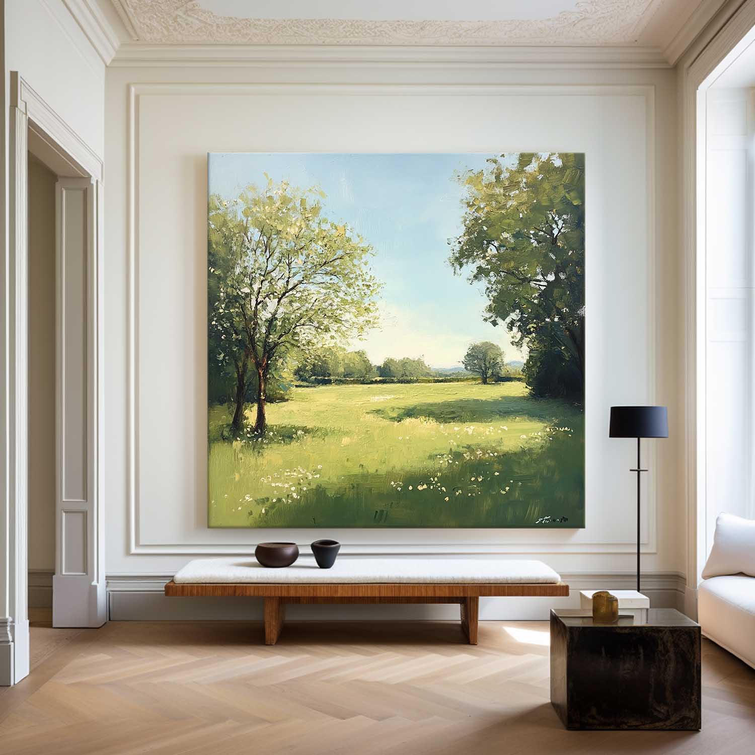 Green‑Blue Square Impasto Sunlit Pastoral Meadow Textured Artwork