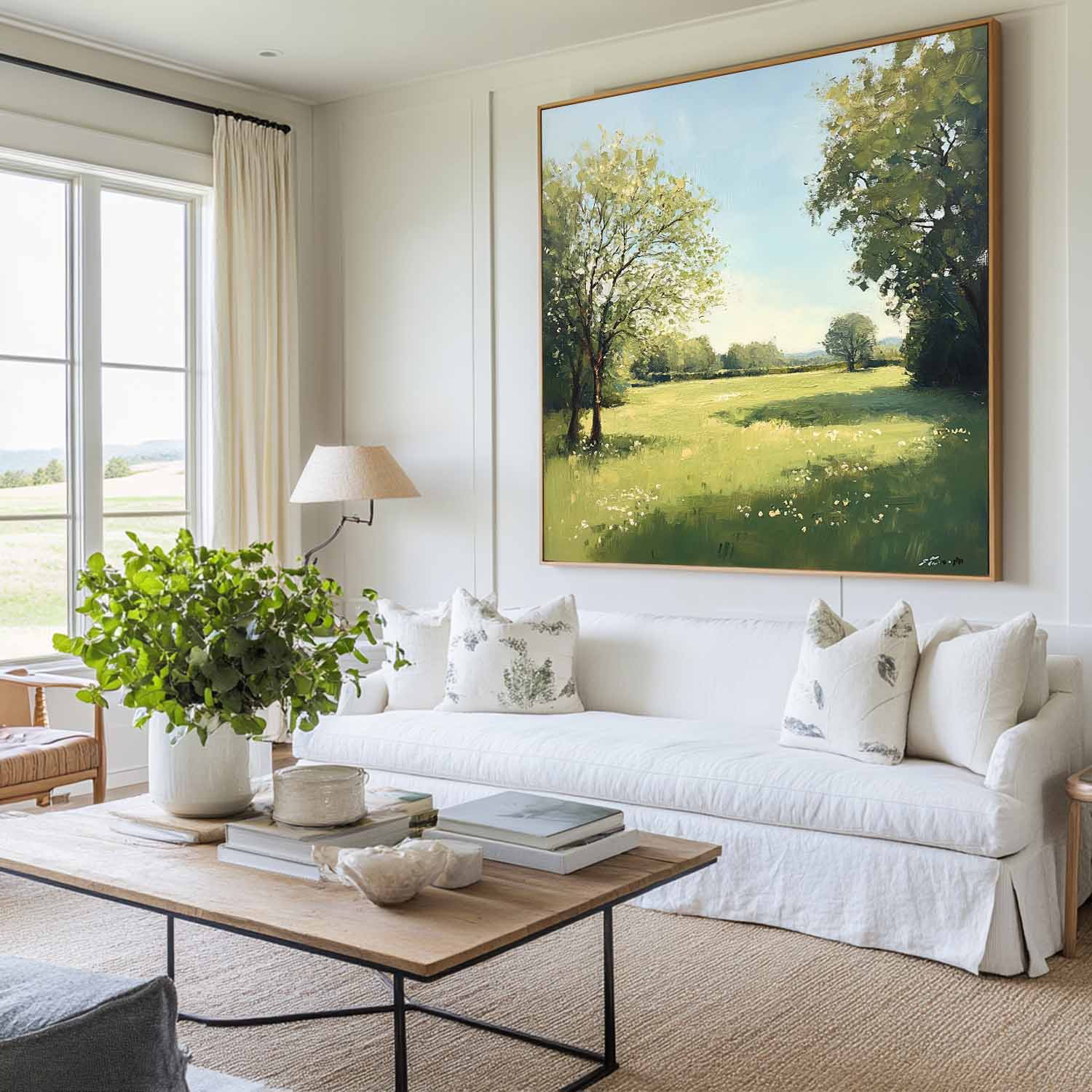 Green‑Blue Square Impasto Sunlit Pastoral Meadow Textured Artwork