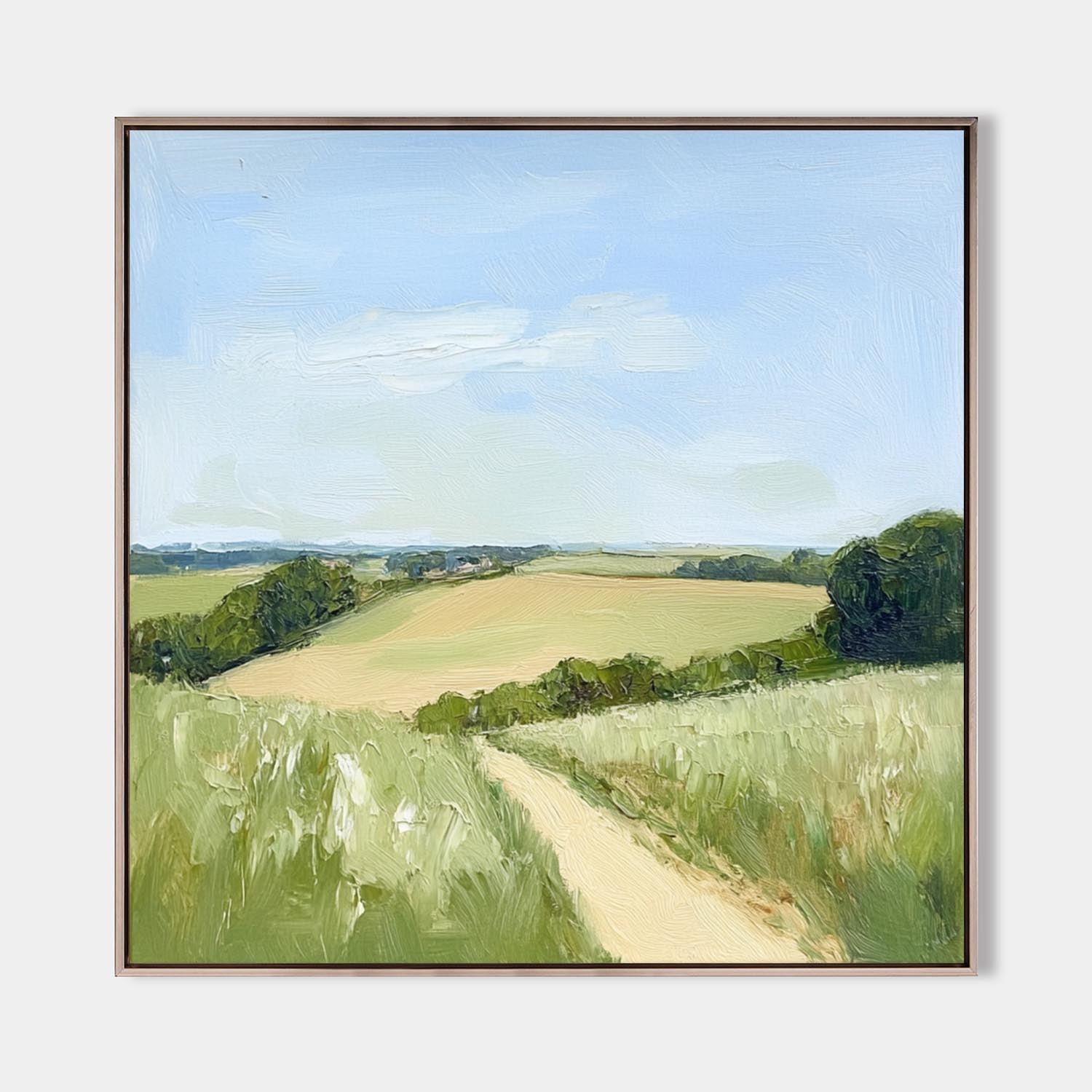 Sunlit Rural Path Landscape Muted Tone Soft Impasto Layered Textured Artwork