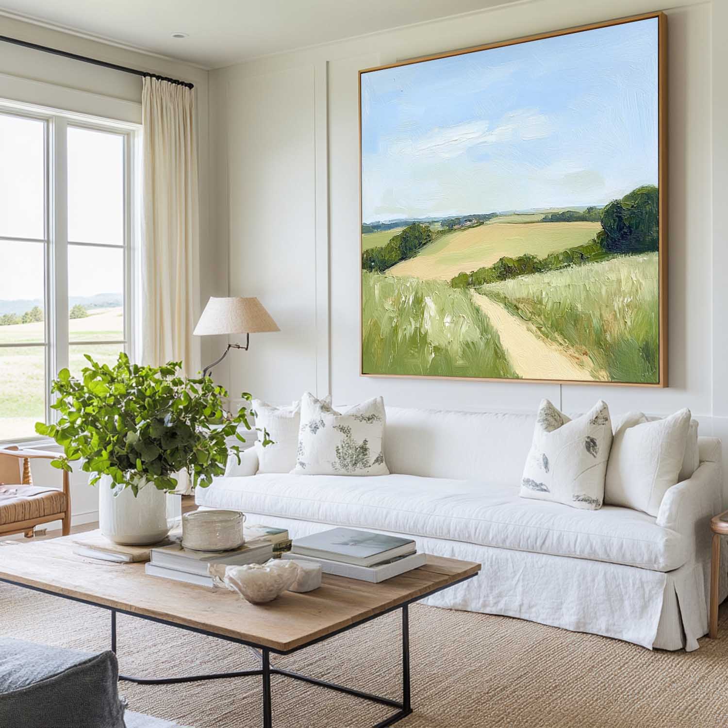 Sunlit Rural Path Landscape Muted Tone Soft Impasto Layered Textured Artwork