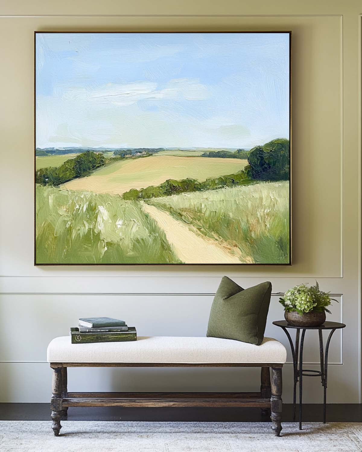 Sunlit Rural Path Landscape Muted Tone Soft Impasto Layered Textured Artwork