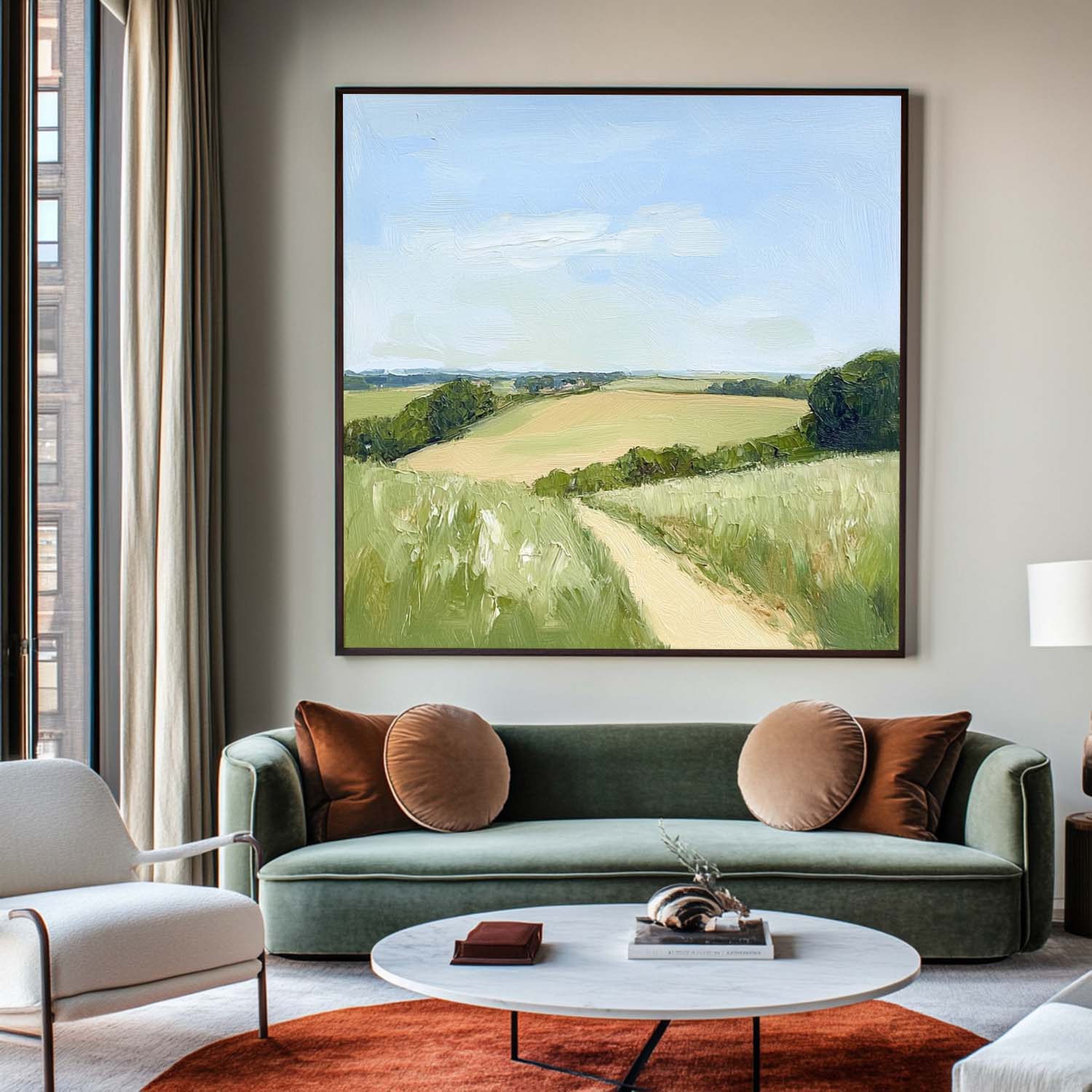 Sunlit Rural Path Landscape Muted Tone Soft Impasto Layered Textured Artwork