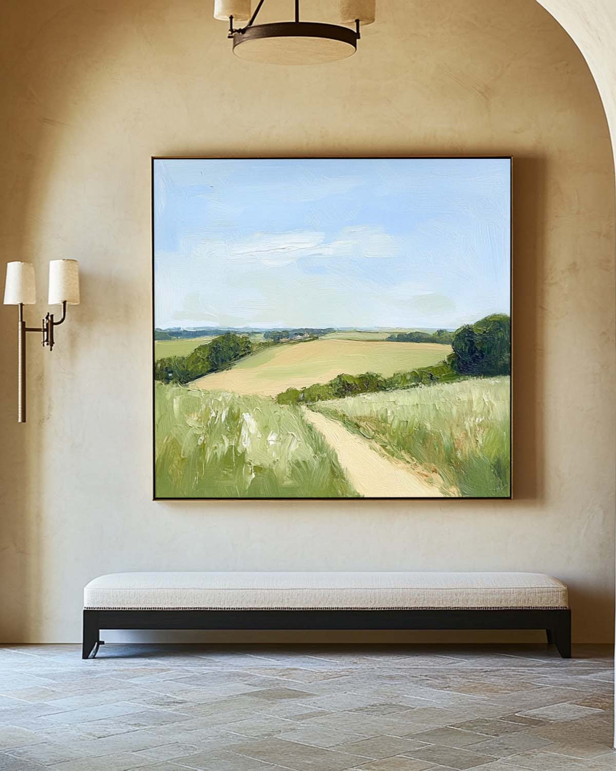 Sunlit Rural Path Landscape Muted Tone Soft Impasto Layered Textured Artwork
