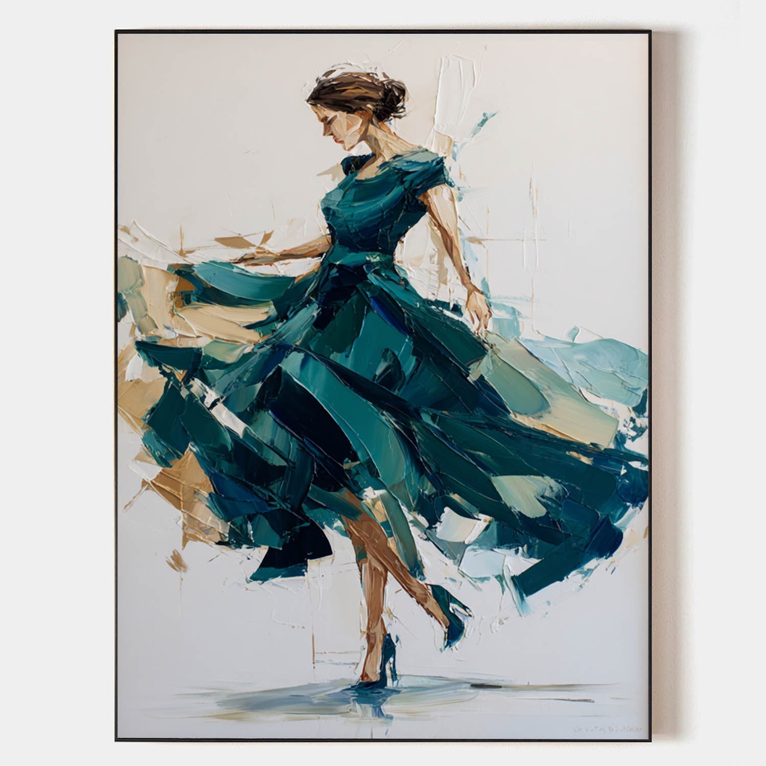 Teal‑Green‑Gold Vertical Dynamic Figure Portrait Textured Artwork
